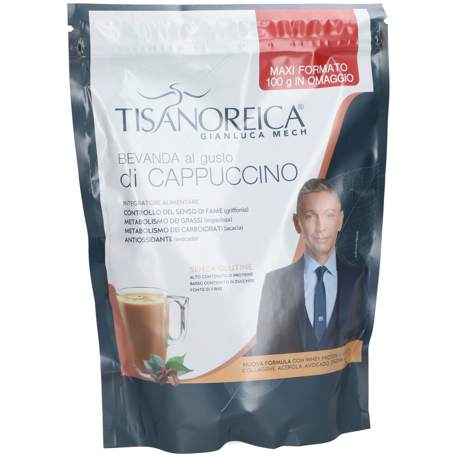 Busta prodotto. Testo: TISANOREICA, gusto cappuccino. Uomo in giacca. Senza glutine. Maxi formato. Illustrazione cappuccino.