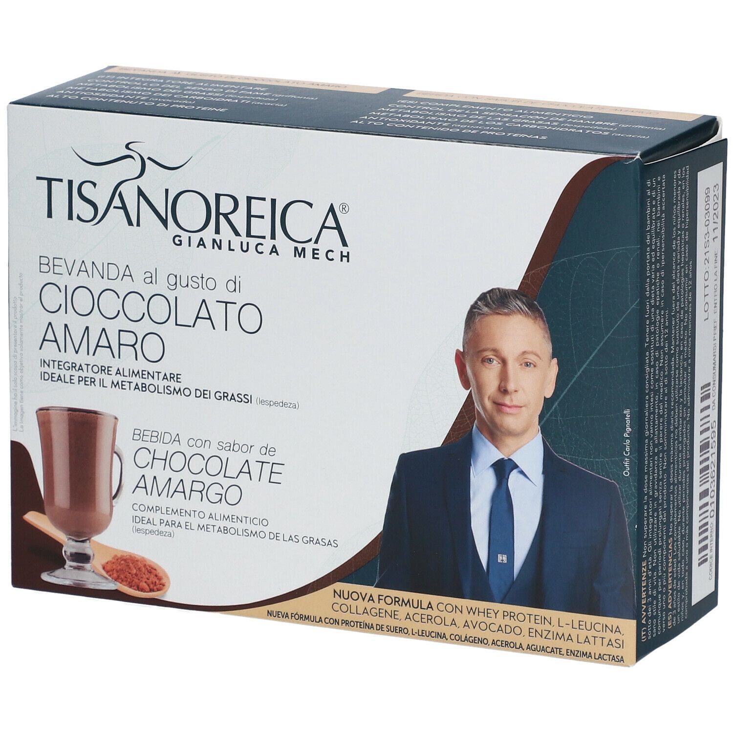 Confezione di TISANOREICA® Bevanda al gusto di CIOCCOLATO AMARO. Nome del prodotto, immagine e uomo in giacca e cravatta.