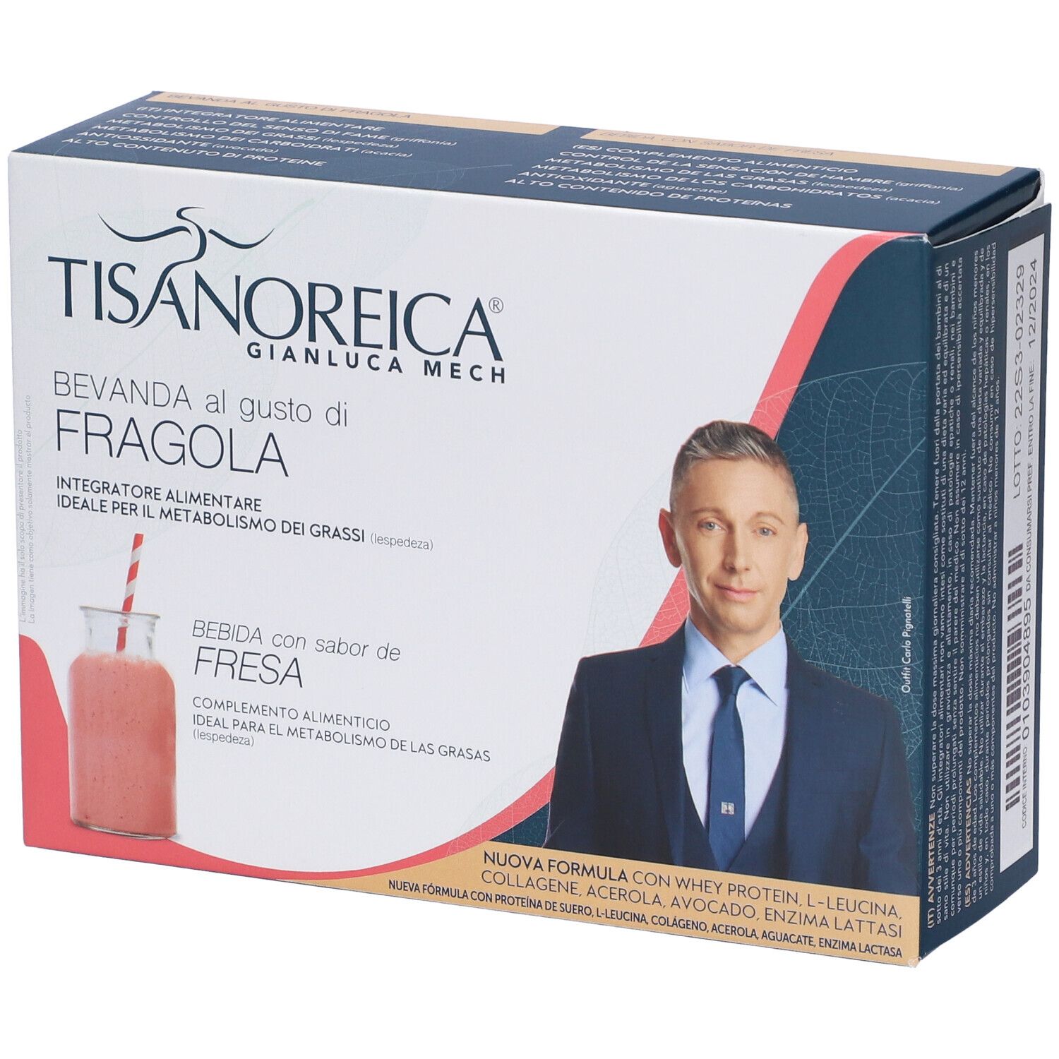 Scatola TISANOREICA® bevanda gusto fragola. Immagine del prodotto e di una persona.