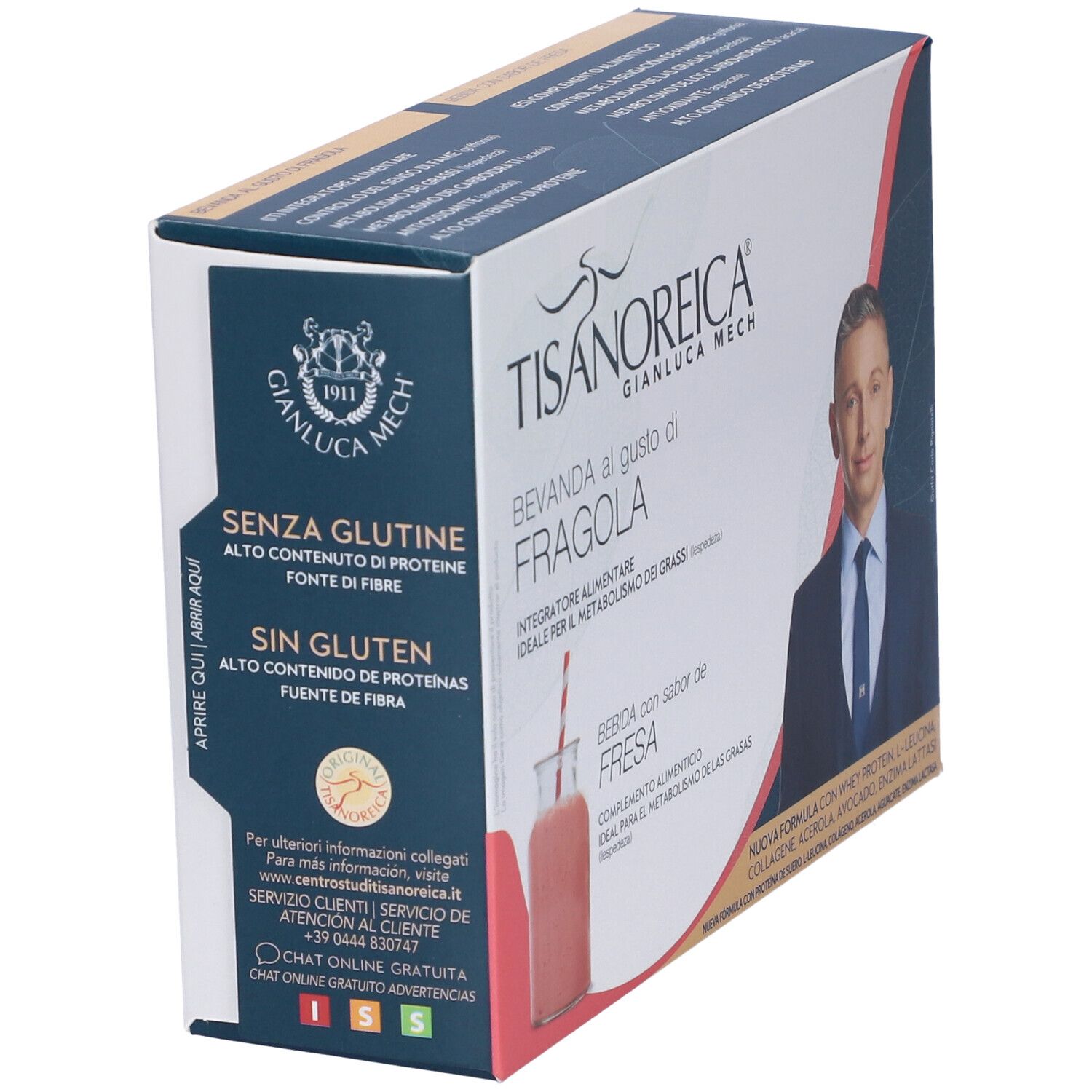 Scatola TISANOREICA® bevanda gusto fragola. Testo senza glutine e una persona.
