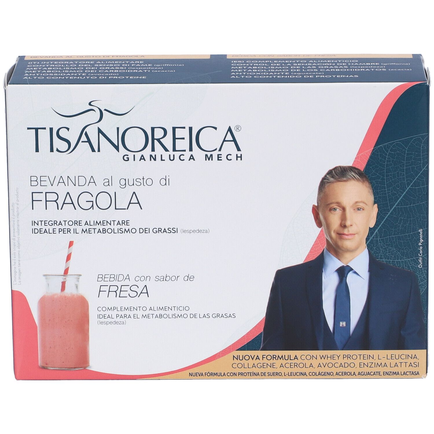 Scatola TISANOREICA® bevanda gusto fragola. Immagine del prodotto e di una persona.