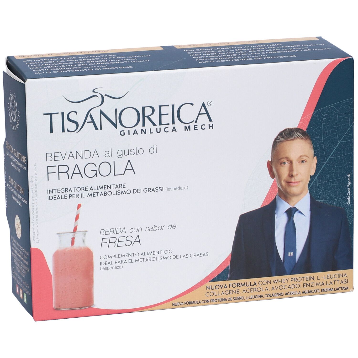 Scatola TISANOREICA® bevanda gusto fragola. Immagine del prodotto e di una persona.