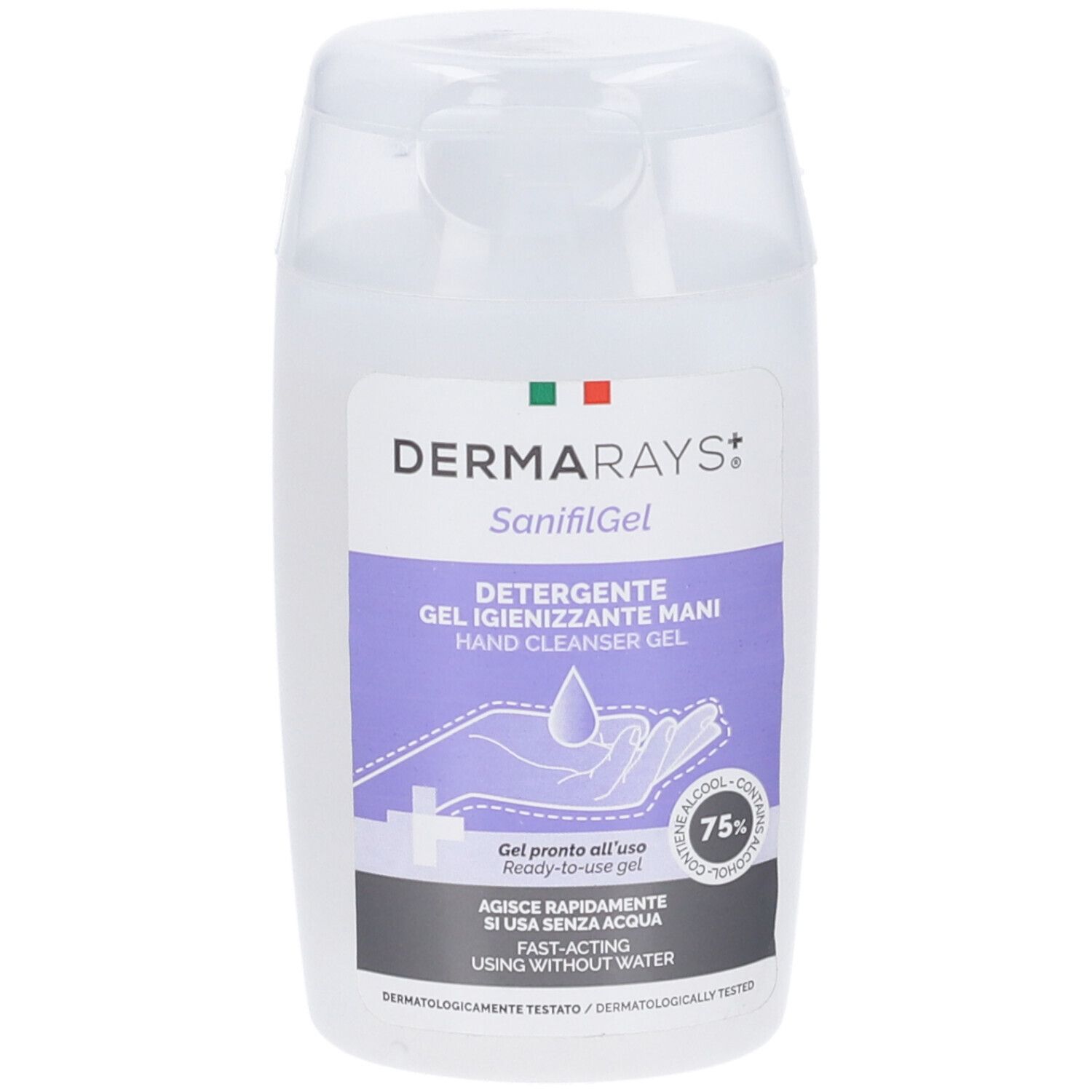 Flacone bianco con etichetta viola. Testo: Dermarays Sanifil Gel, Hand Cleanser Gel, 75% alcool.