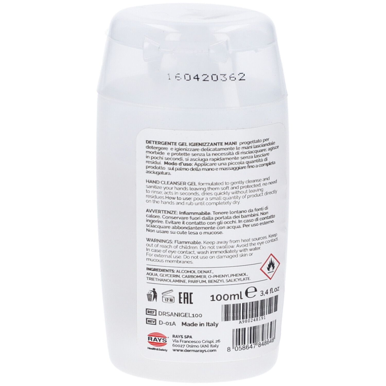 Retro del flacone bianco. Testo: Hand Cleanser Gel, ingredienti, avvertenze, 100ml, Eac.