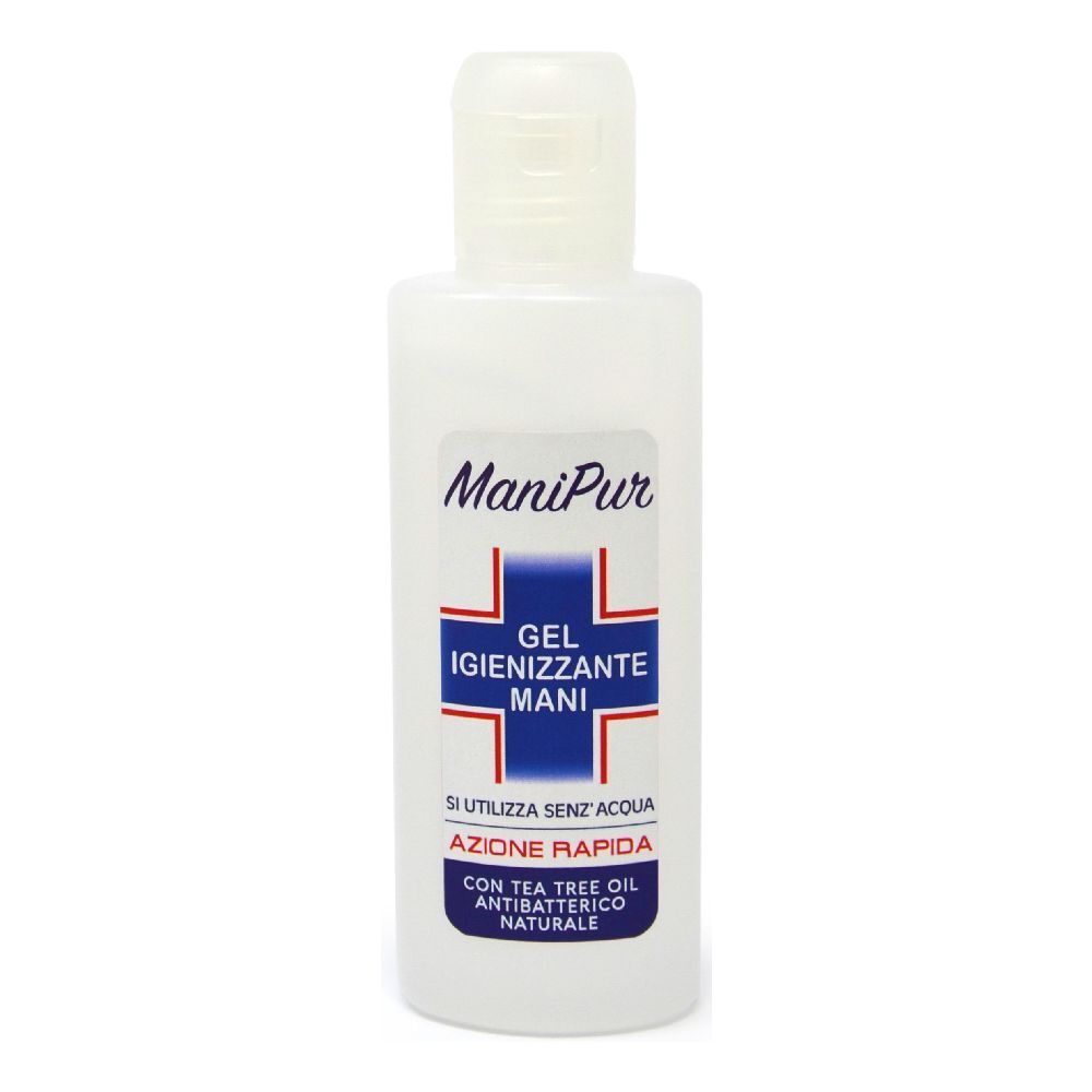 Flacone bianco con tappo a ribalta. Etichetta con testo: ManiPur, Gel Igienizzante Mani. Contiene Tea Tree Oil.