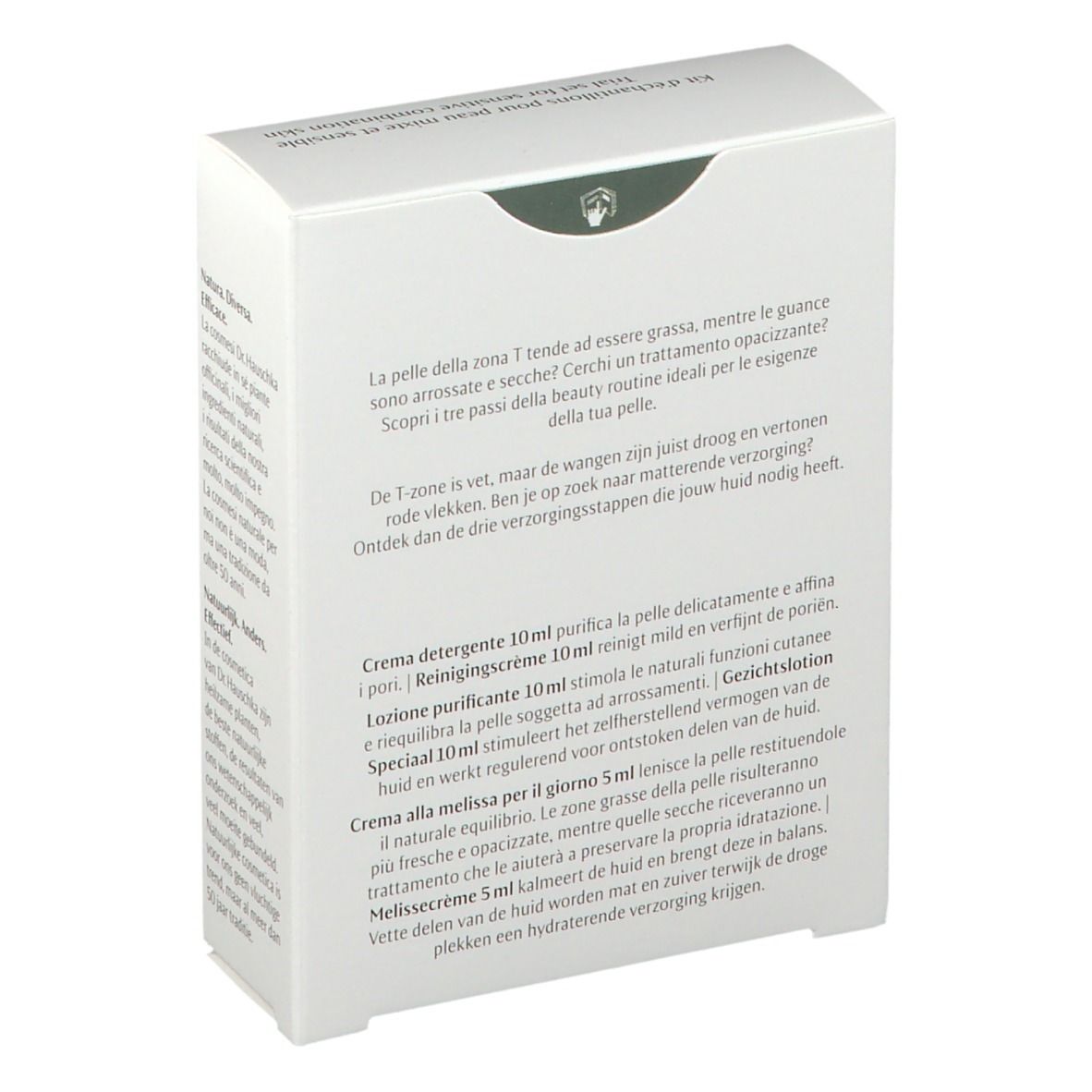 Scatola bianca con testo e tre prodotti. Scritto: Dr. Hauschka. Testo multilingue.