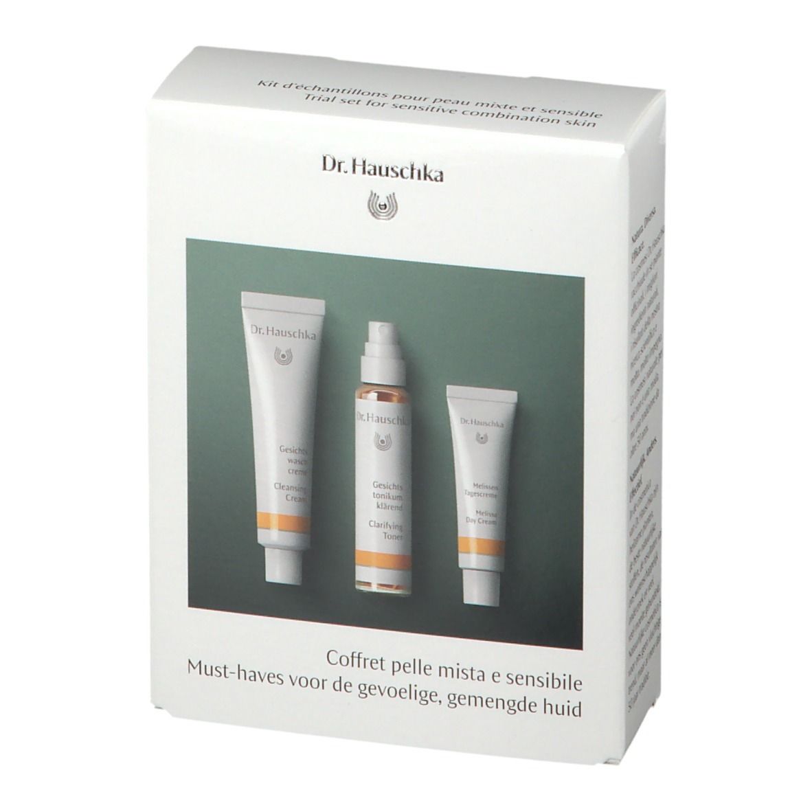Scatola bianca con tre prodotti. Scritto: Dr. Hauschka. Testo multilingue.