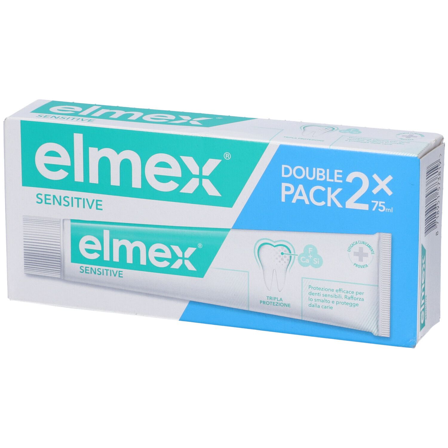 Confezione di dentifricio con un tubo. Scritta: elmex Sensitive. Double Pack, 2x75ml.