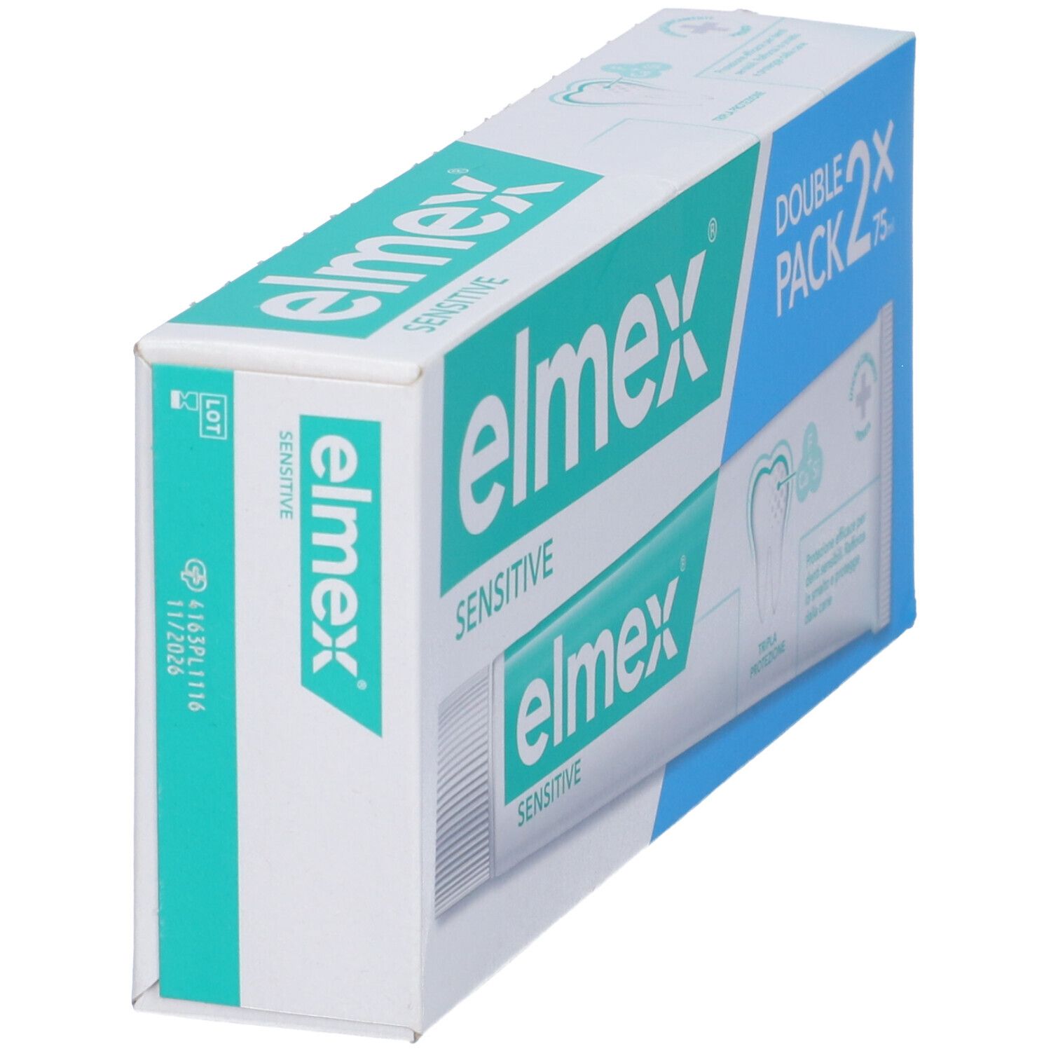 Confezione di dentifricio. Scritta: elmex Sensitive. Double Pack, 2x75ml. Vista obliqua.