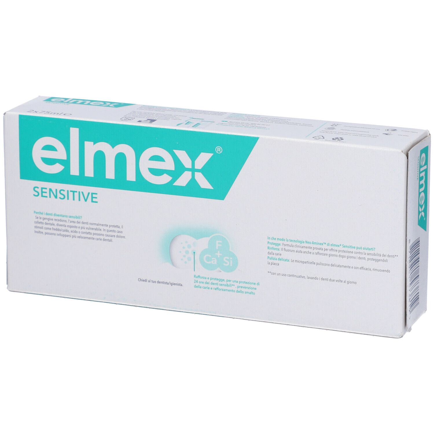Confezione di dentifricio. Scritta: elmex Sensitive. Retro con testo. Vista obliqua.