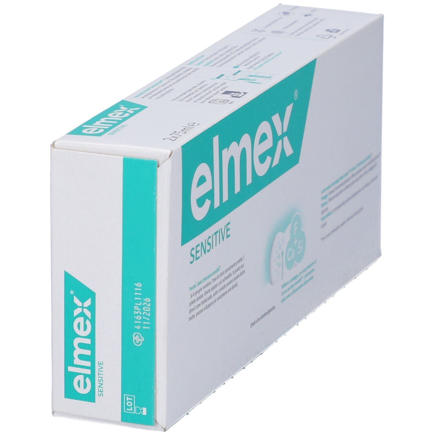 Confezione di dentifricio. Scritta: elmex Sensitive. Retro con testo. Vista obliqua.