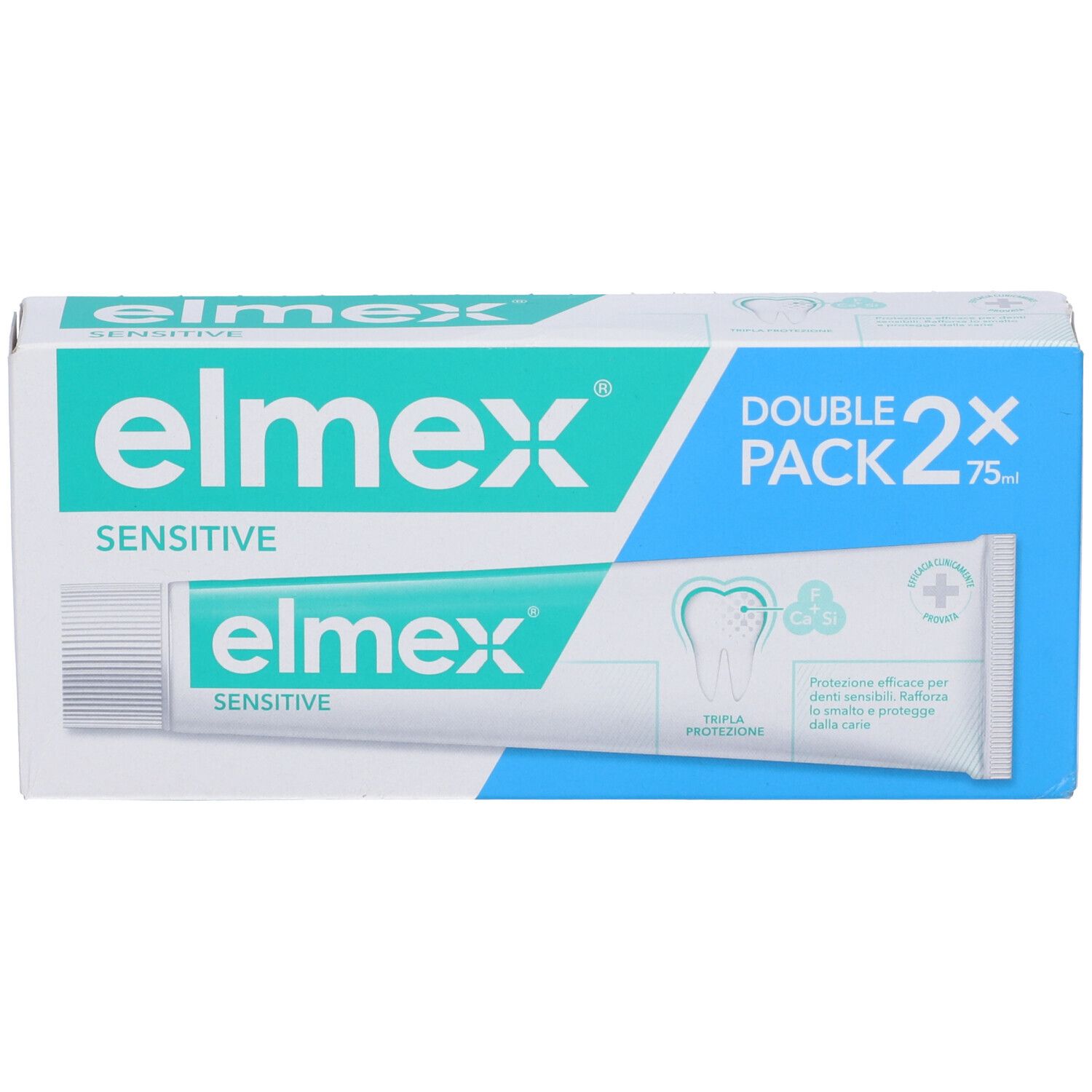 Confezione di dentifricio con un tubo. Scritta: elmex Sensitive. Double Pack, 2x75ml.