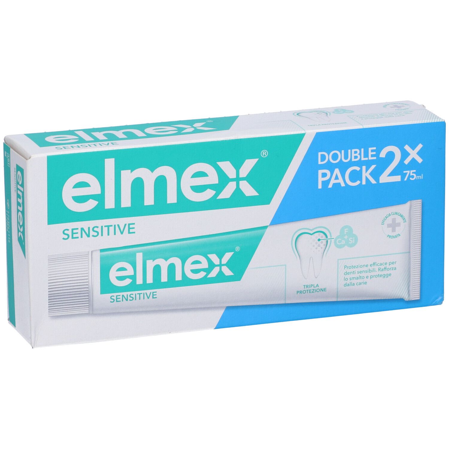 Confezione di dentifricio con un tubo. Scritta: elmex Sensitive. Double Pack, 2x75ml.