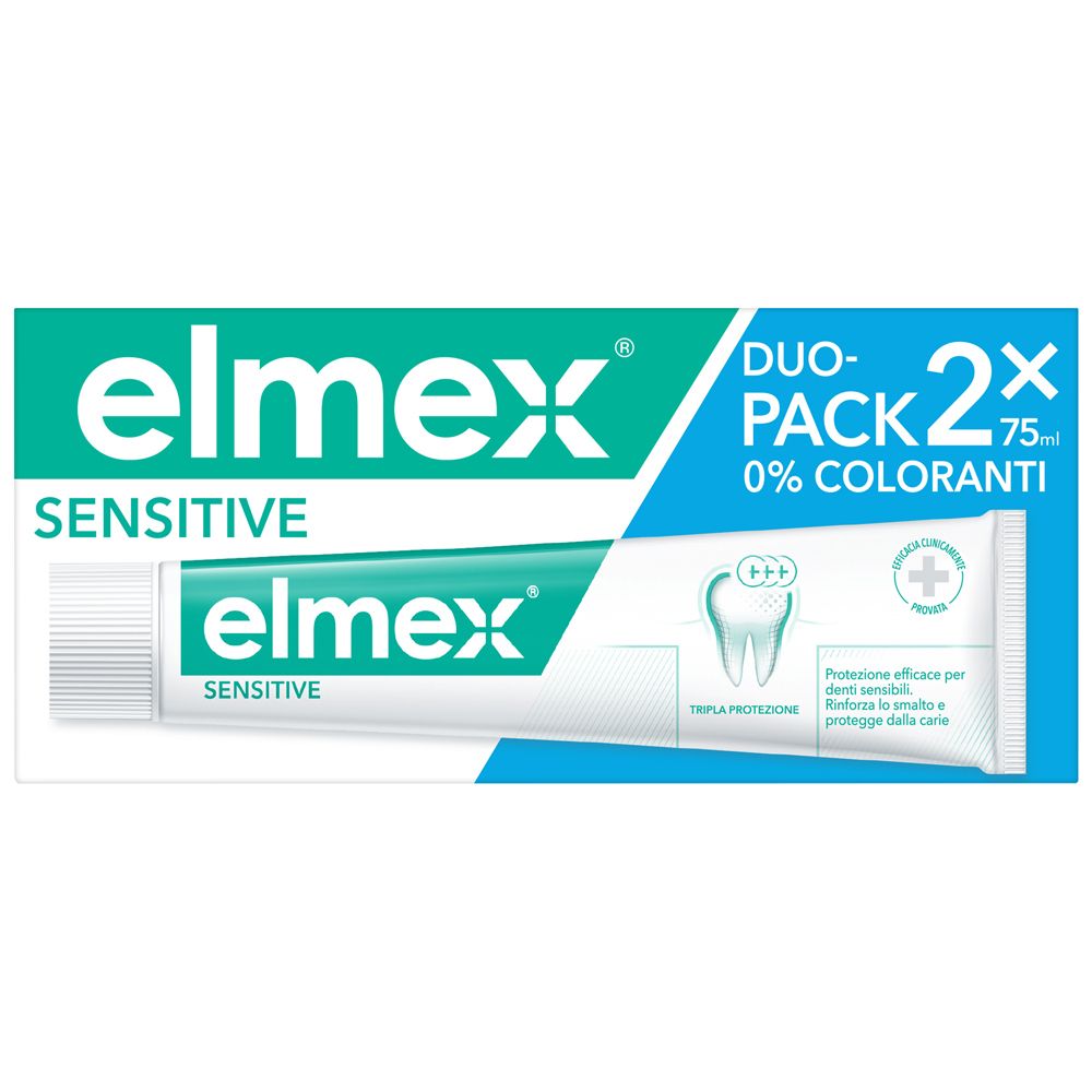 Confezione di dentifricio con un tubo. Scritta: elmex Sensitive. Duo-Pack, 2x75ml.
