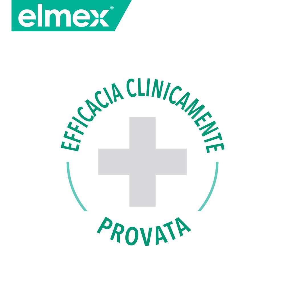 Logo con croce e testo: Efficacia clinicamente provata. Marchio: elmex.