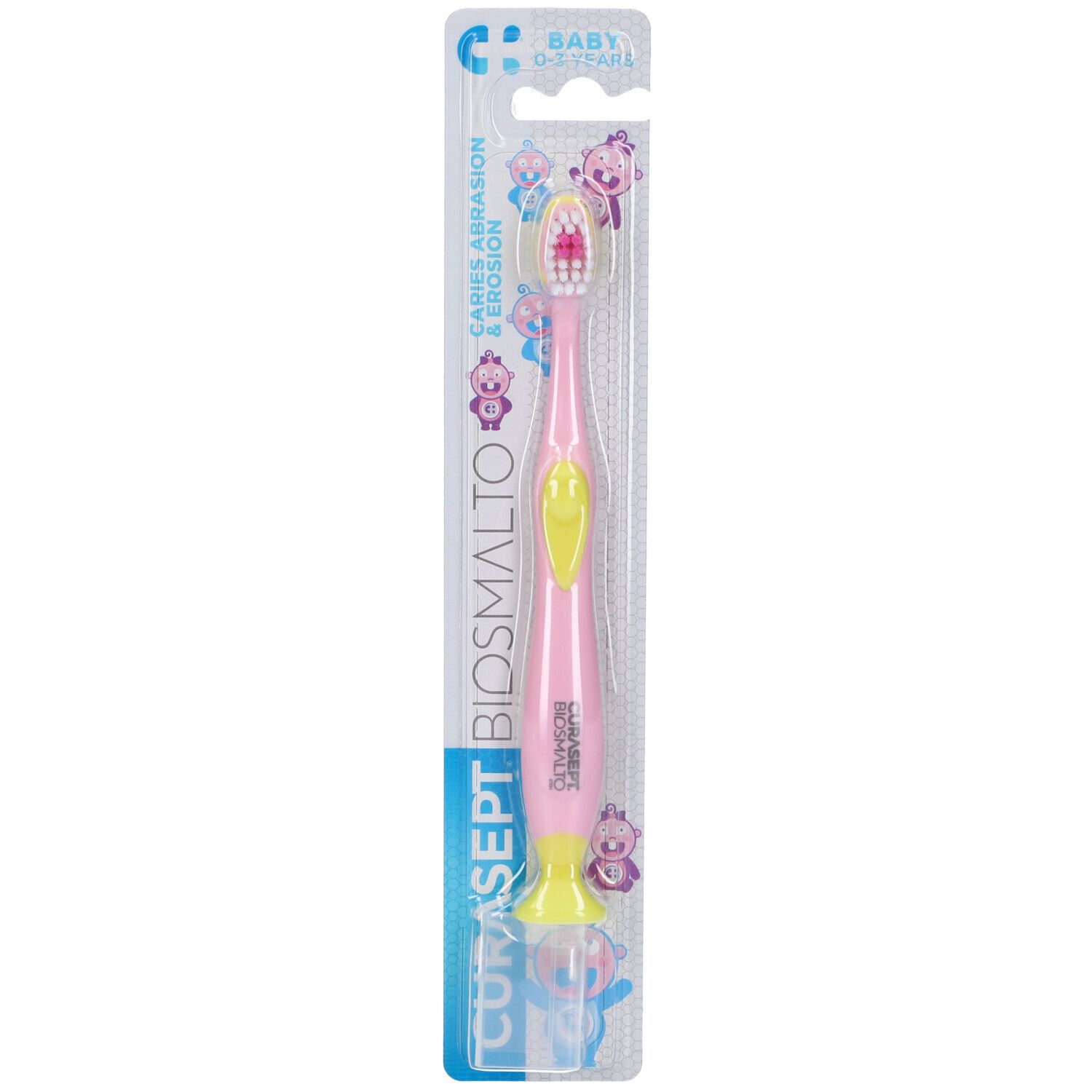 Spazzolino rosa per bambini in confezione. Manico giallo, setole rosa. Marchio visibile.