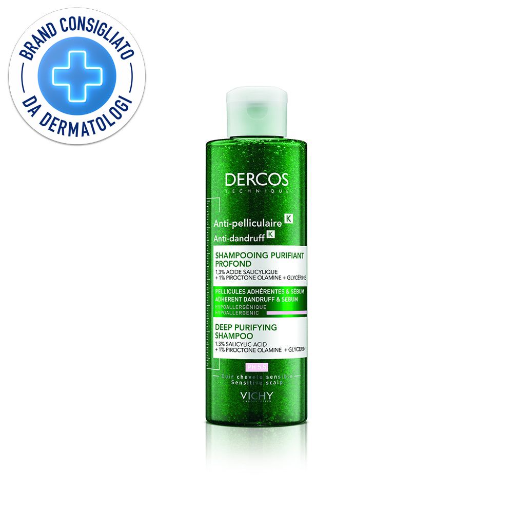 Flacone verde con tappo bianco. Scritta: Dercos Anti-pelliculaire Shampooing. Logo: Brand Consigliato da Dermatologi.