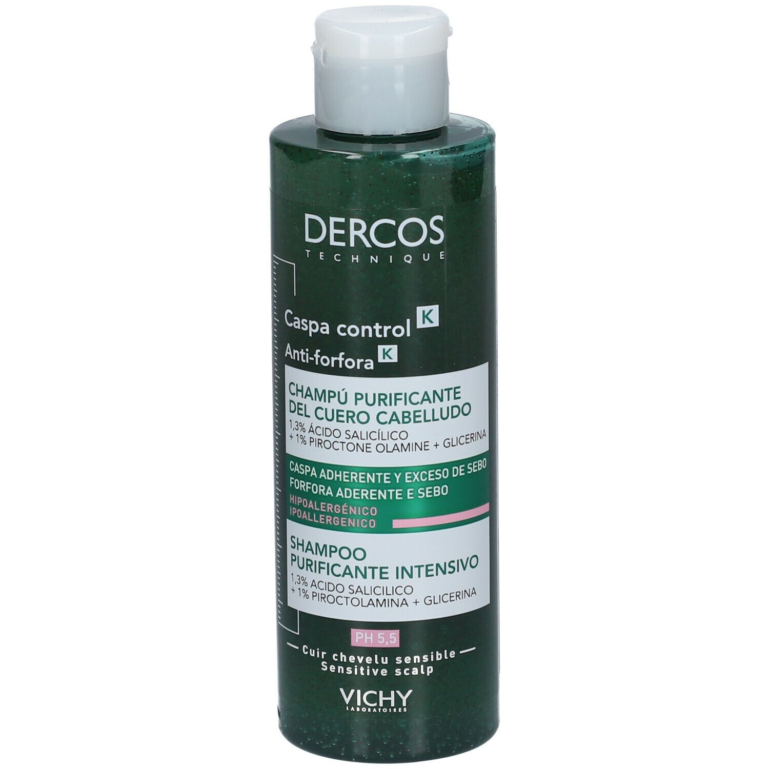 Flacone verde con tappo bianco. Scritta: Dercos Caspa control Anti-forfora Shampoo. pH 5.5. Cuoio capelluto sensibile.
