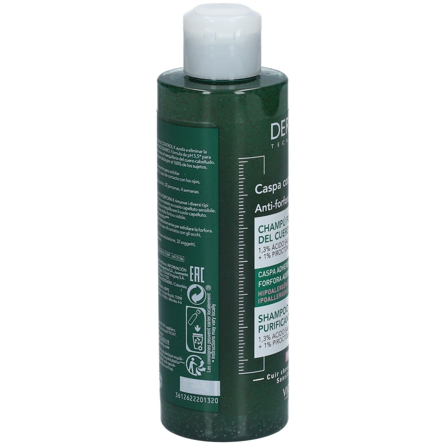 Flacone verde con tappo bianco. Retro con testo e loghi. Contiene informazioni sul prodotto e sul produttore.