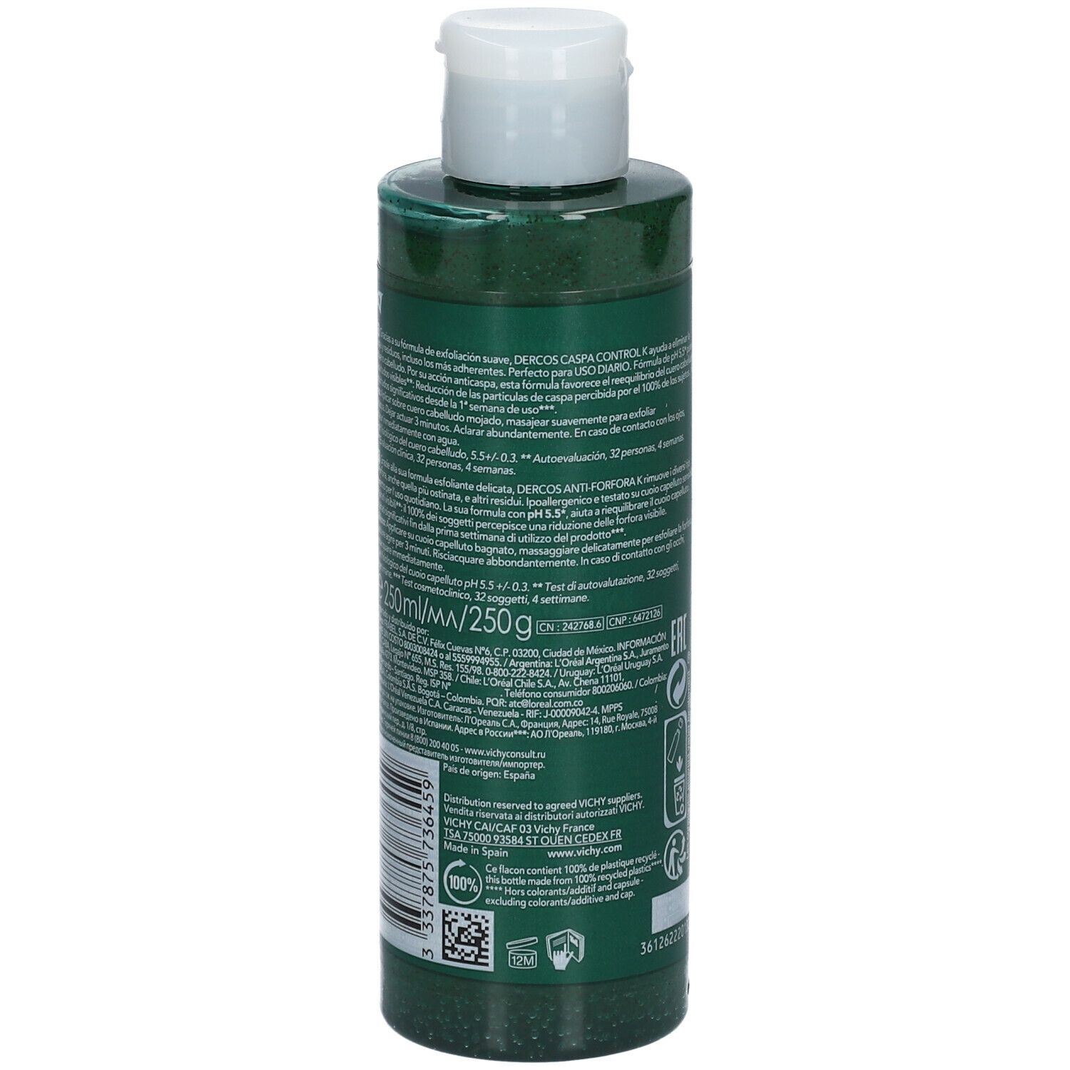 Flacone verde con tappo bianco. Retro con testo e loghi. Contiene informazioni sul prodotto e sul produttore.