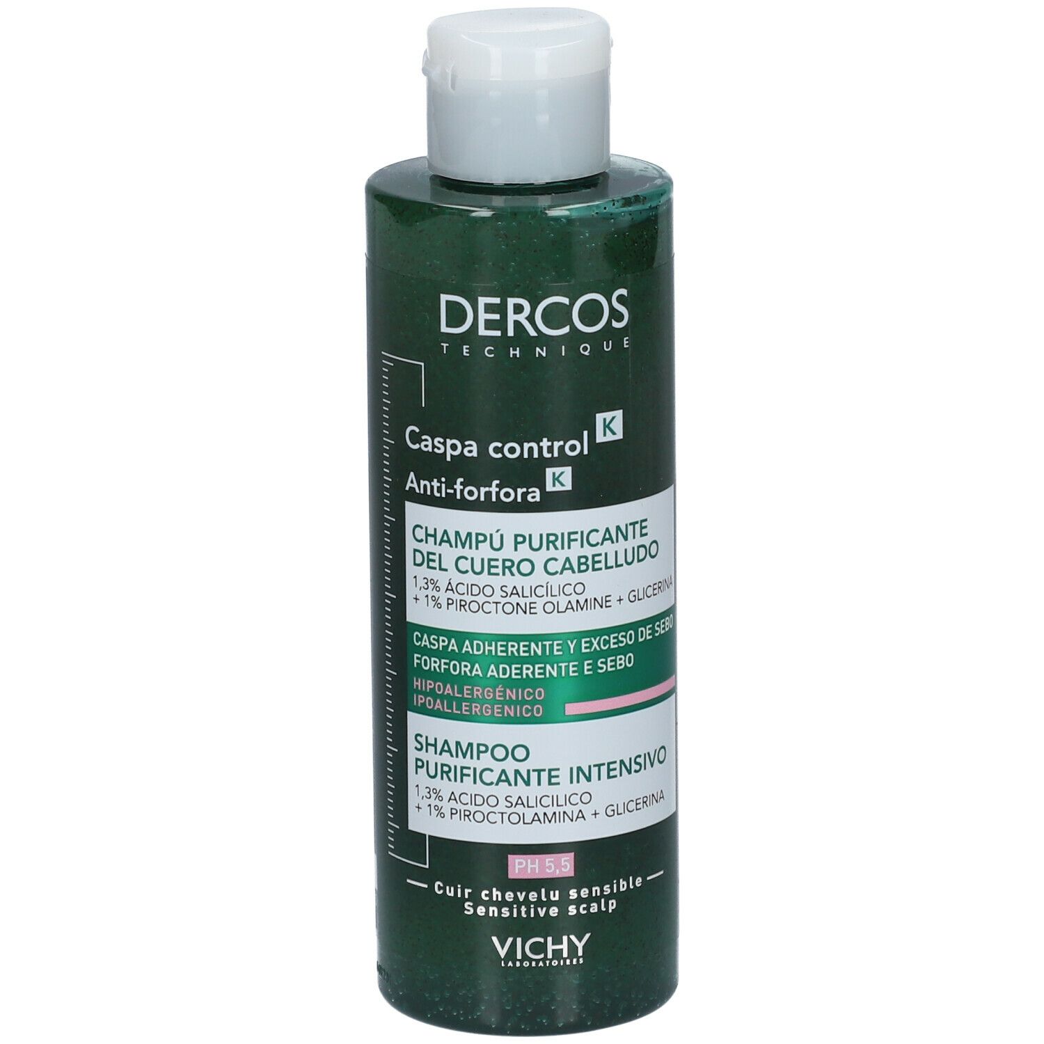 Flacone verde con tappo bianco. Scritta: Dercos Caspa control Anti-forfora Shampoo. pH 5.5. Cuoio capelluto sensibile.