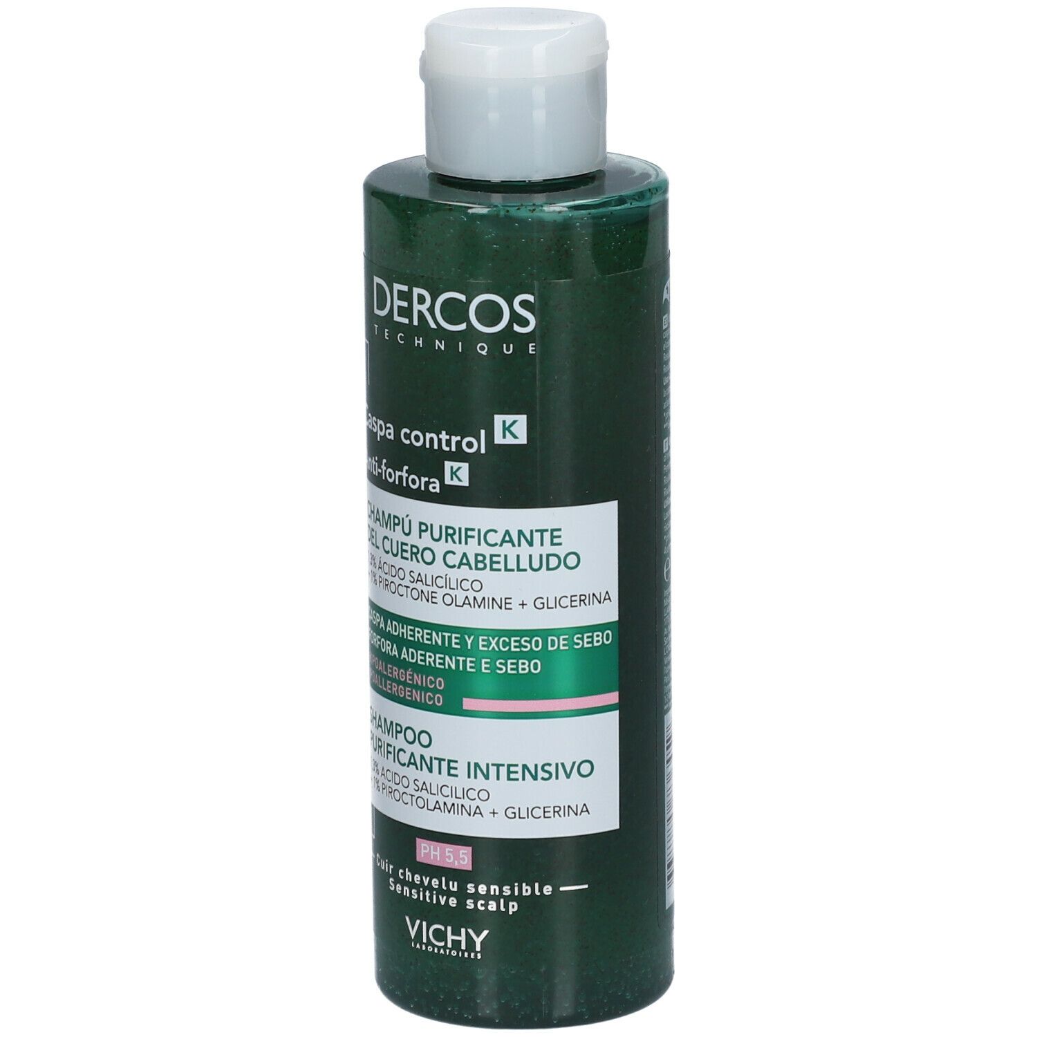Flacone verde con tappo bianco. Scritta: Dercos Caspa control Anti-forfora Shampoo. pH 5.5. Cuoio capelluto sensibile.