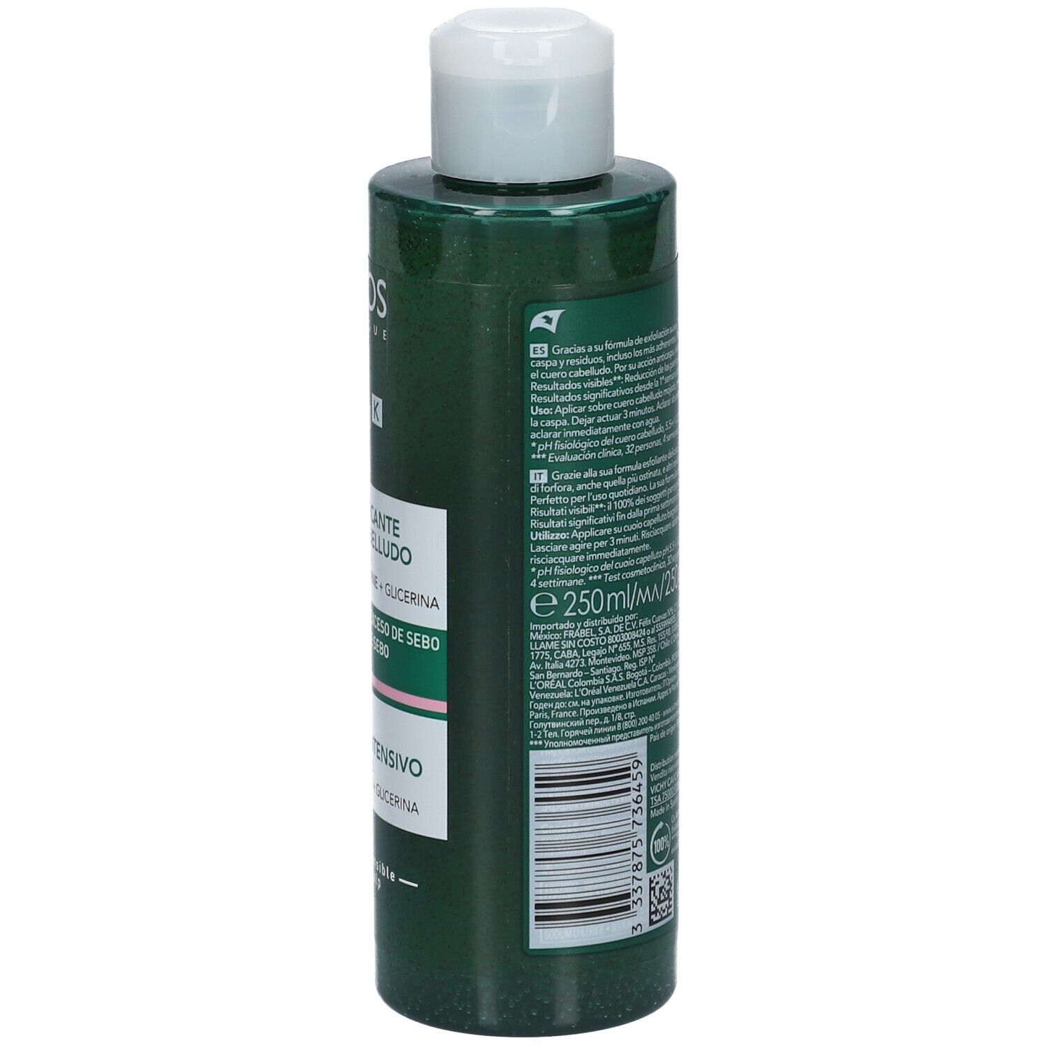 Flacone verde con tappo bianco. Retro con testo e loghi. Contiene informazioni sul prodotto e sul produttore.