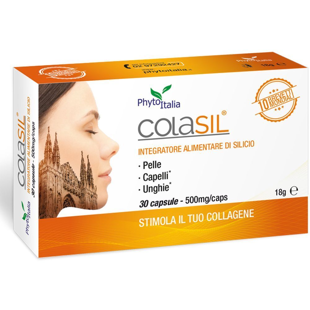 Scatola di Colasil. Scritto: 'Integratore alimentare di silicio', 30 capsule, 500mg/caps. Logo Phyto Italia.