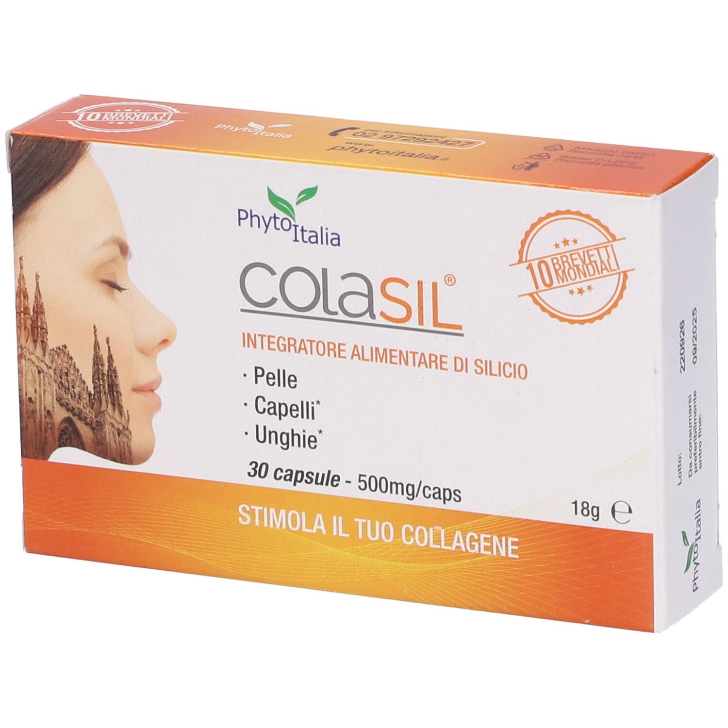 Scatola di Colasil. Scritto: 'Integratore alimentare di silicio', 30 capsule, 500mg/caps. Logo Phyto Italia.