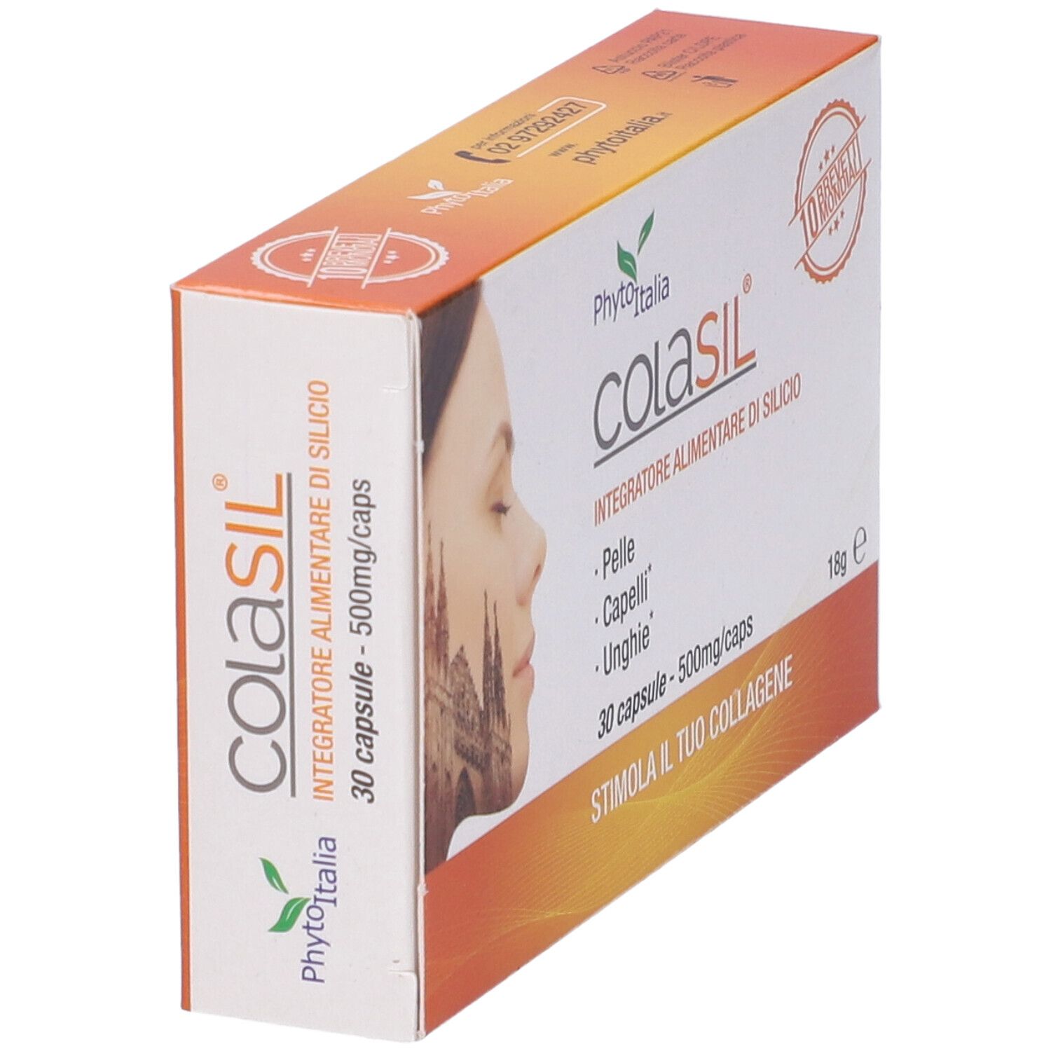 Scatola di Colasil. Scritto: 'Integratore alimentare di silicio', 30 capsule, 500mg/caps. Logo Phyto Italia.