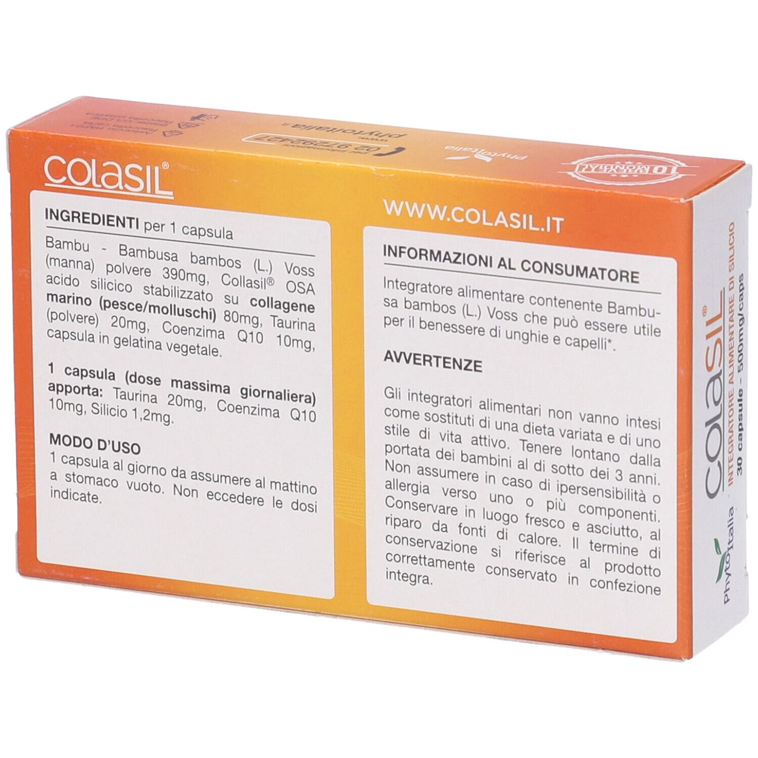 Retro della confezione di Colasil. Elenco ingredienti, istruzioni per l'uso, avvertenze. Logo Phyto Italia. Indirizzo del sito web.