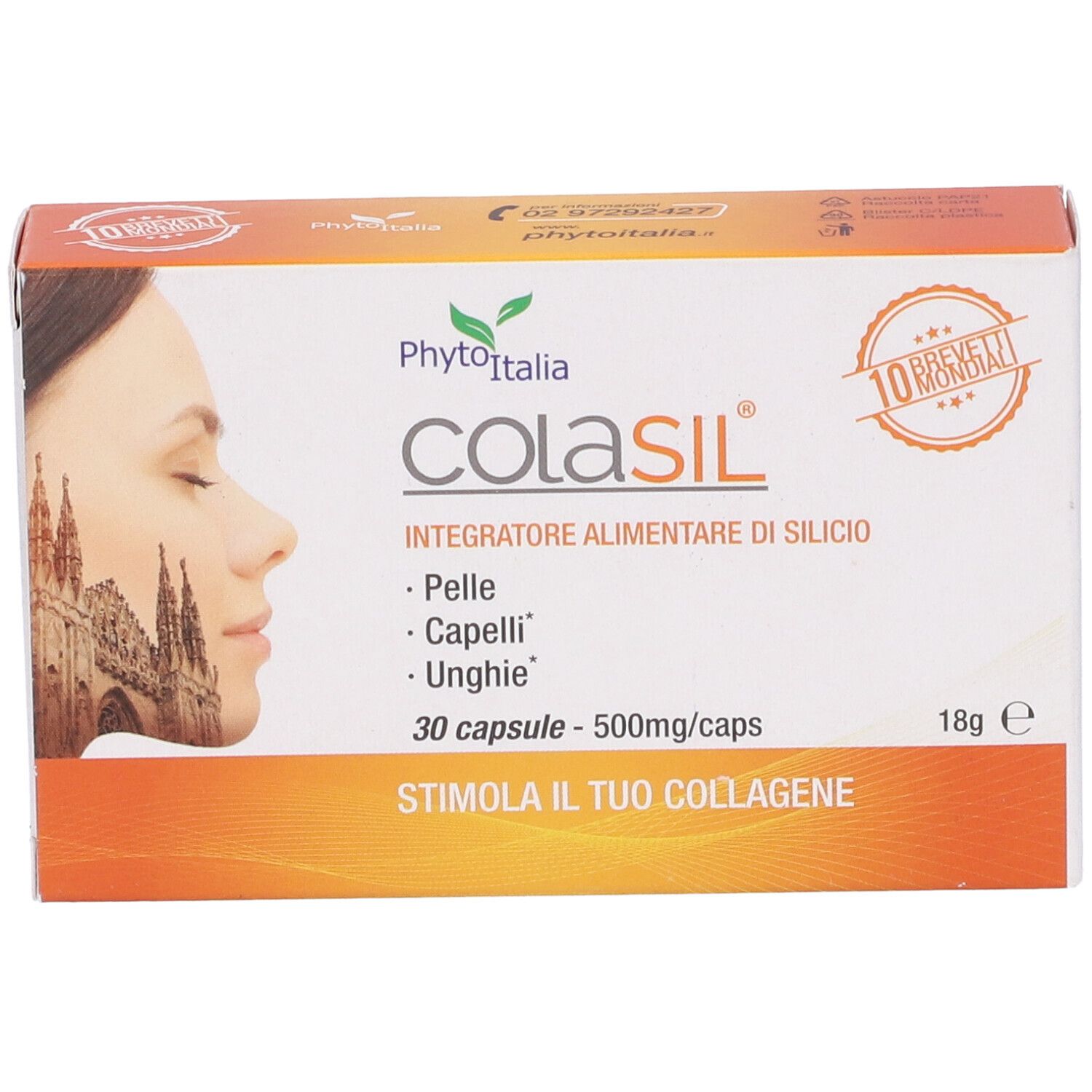 Scatola di Colasil. Scritto: 'Integratore alimentare di silicio', 30 capsule, 500mg/caps. Logo Phyto Italia.