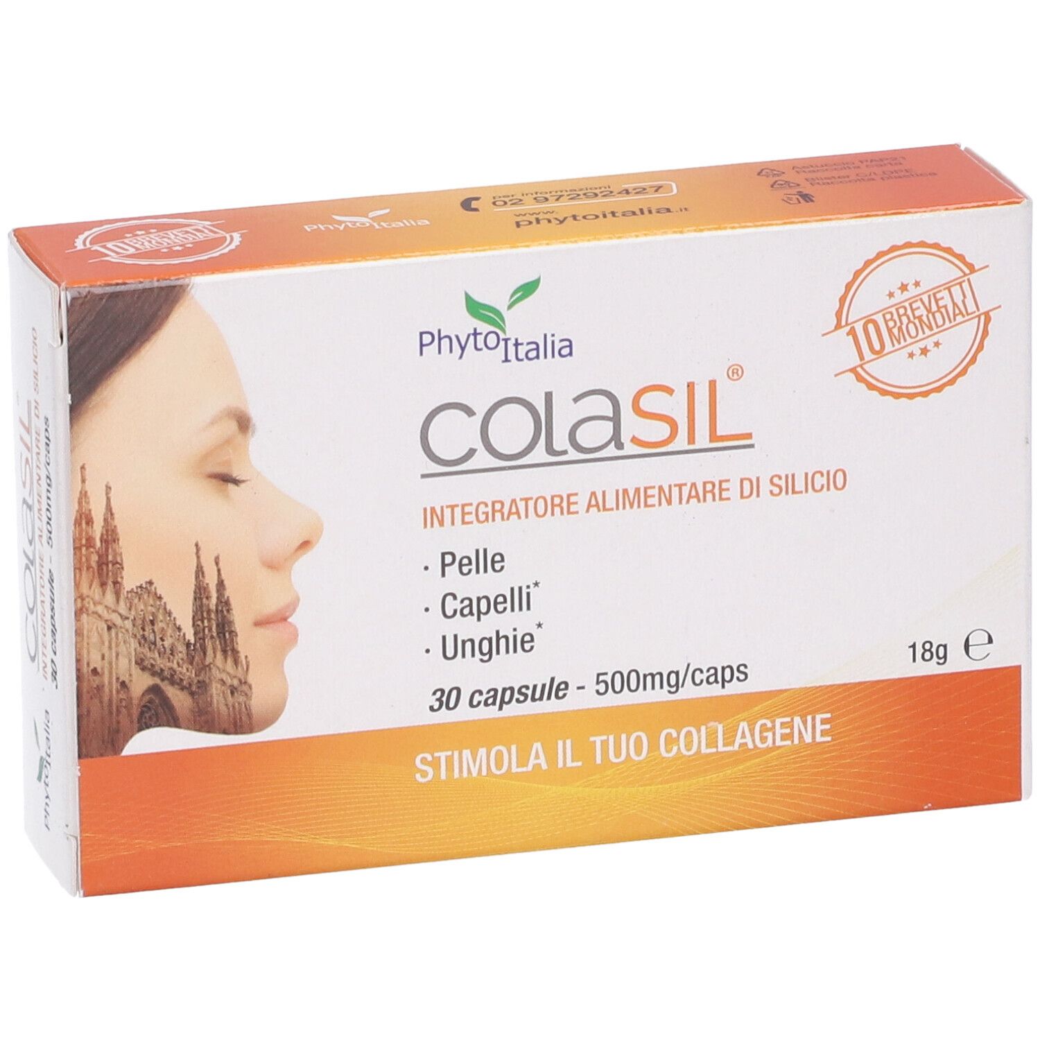 Scatola di Colasil. Scritto: 'Integratore alimentare di silicio', 30 capsule, 500mg/caps. Logo Phyto Italia.