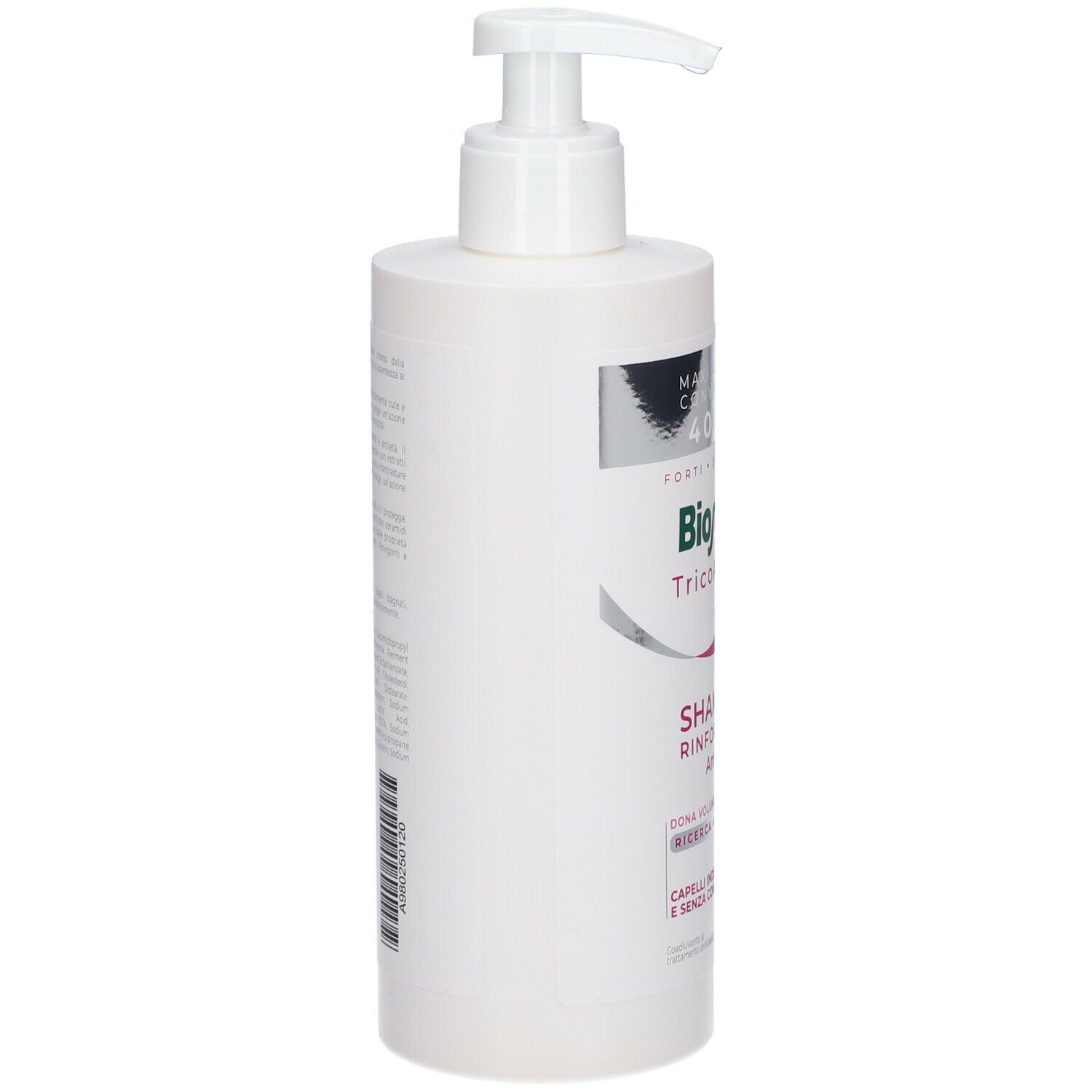 Flacone bianco di shampoo Bioscalin TricoAGE 50+ con dosatore, vista laterale. Scritta: Shampoo, Anti-età.