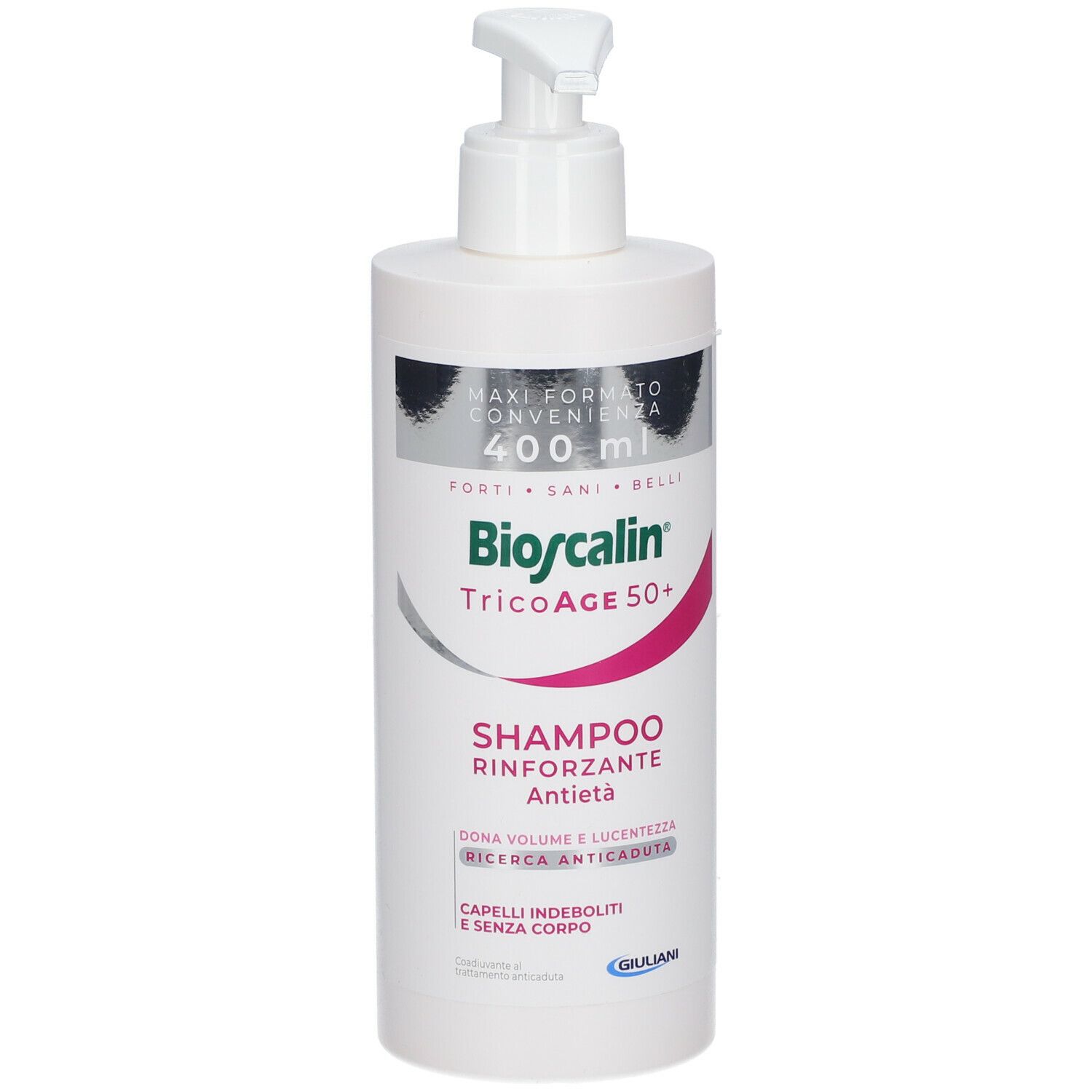 Flacone bianco di shampoo Bioscalin TricoAGE 50+ con dosatore. Scritta: 400 ml, Shampoo, Anti-età. Dettaglio rosa.