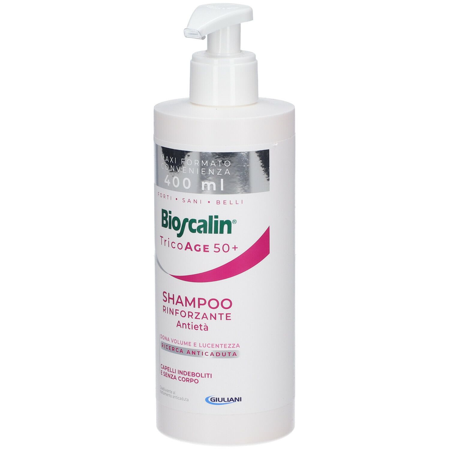 Flacone bianco di shampoo Bioscalin TricoAGE 50+ con dosatore. Scritta: 400 ml, Shampoo, Anti-età. Dettaglio rosa.