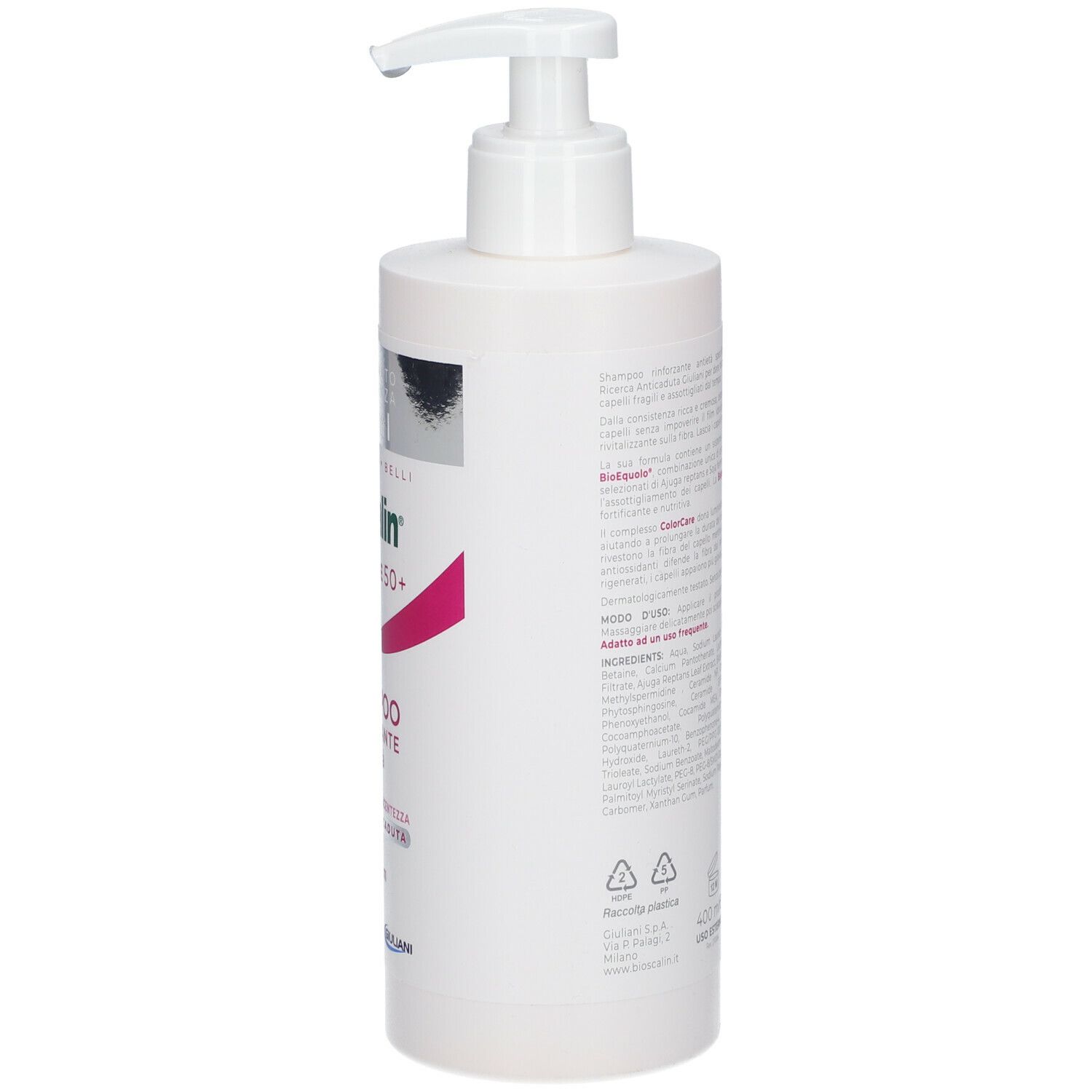 Flacone bianco di shampoo Bioscalin TricoAGE 50+ con dosatore, vista laterale. Testo e informazioni.