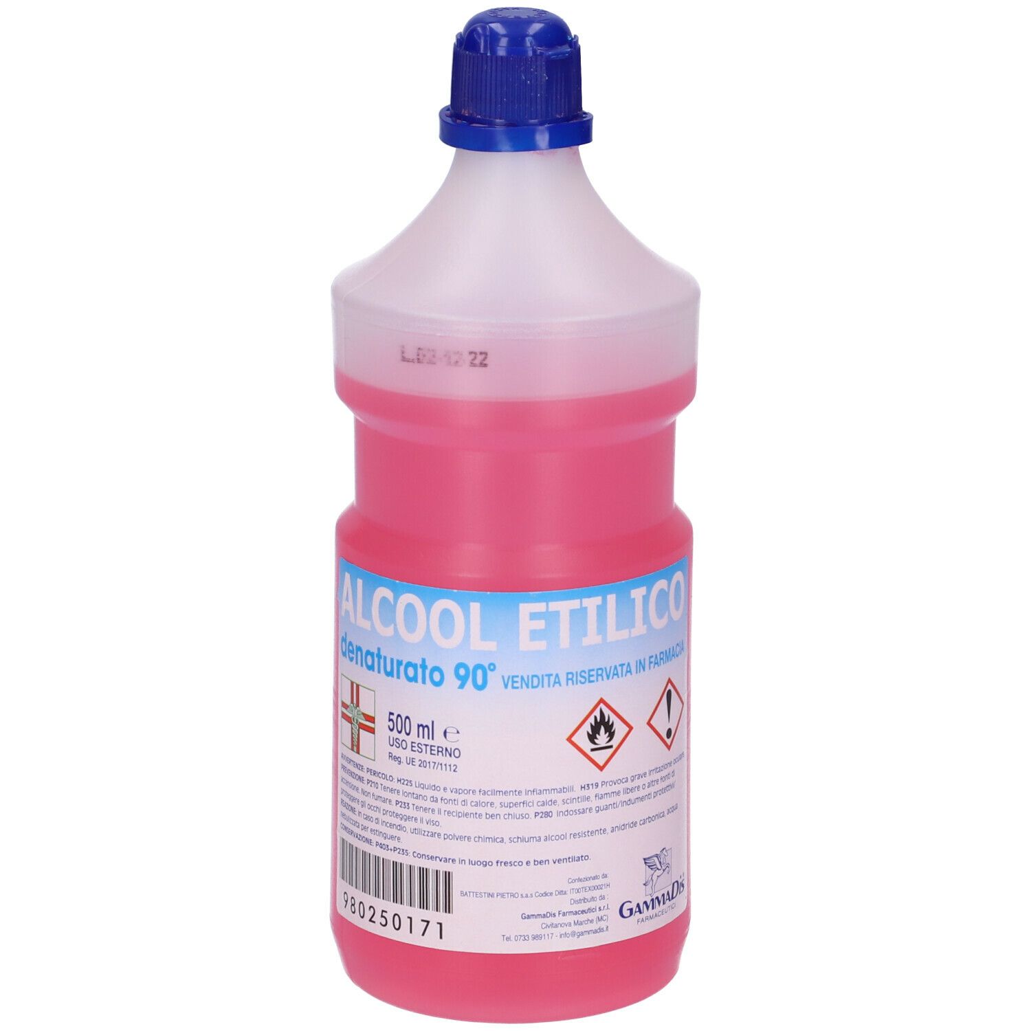 Bottiglia con liquido rosa. Scritta: Alcool Etilico Denaturato 90°. Tappo blu.