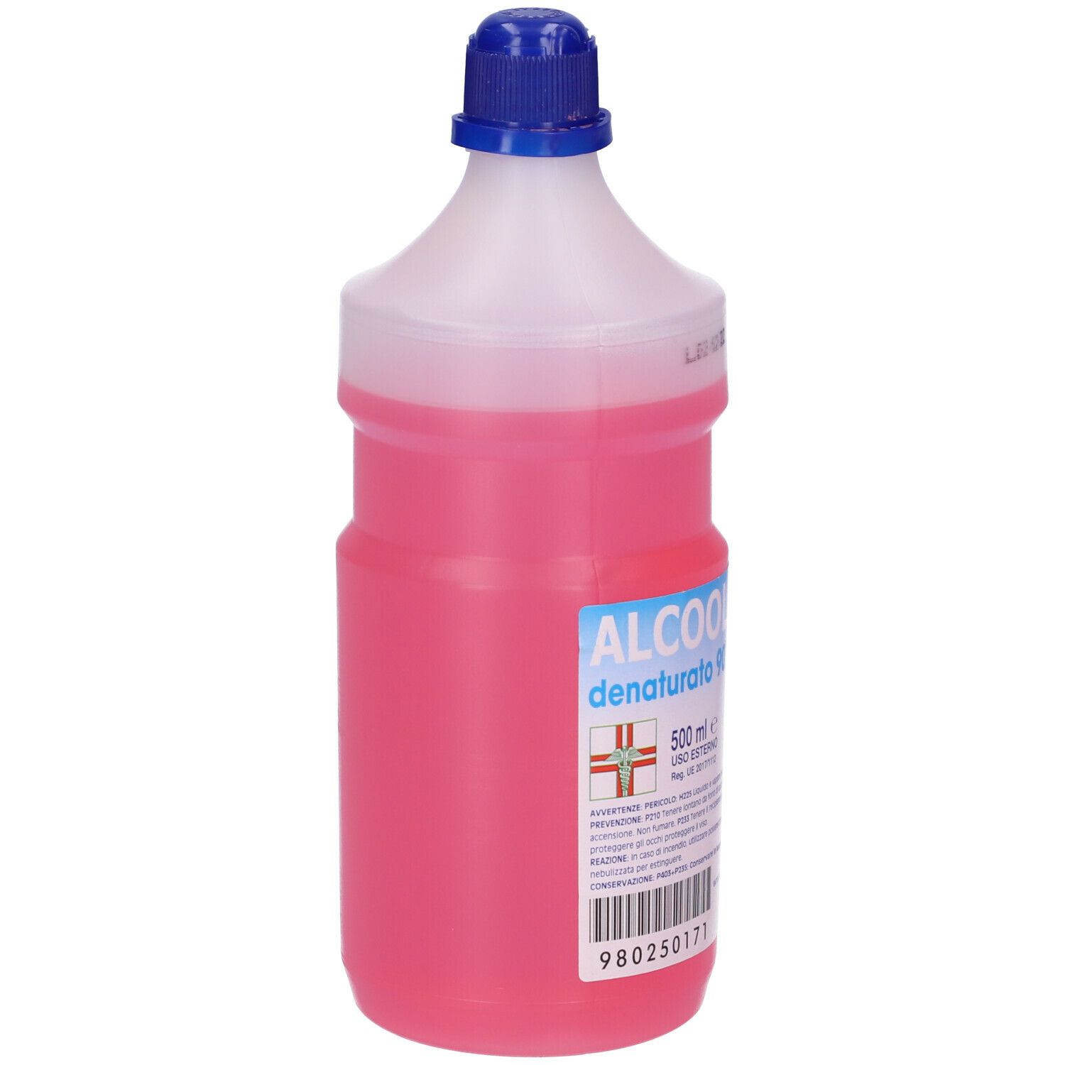 Bottiglia con liquido rosa. Scritta: Alcool Etilico Denaturato 90°. Tappo blu.