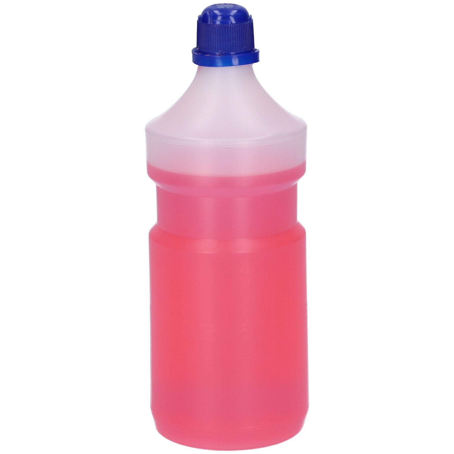 Bottiglia con liquido rosa. Scritta: Alcool Etilico Denaturato 90°. Tappo blu.