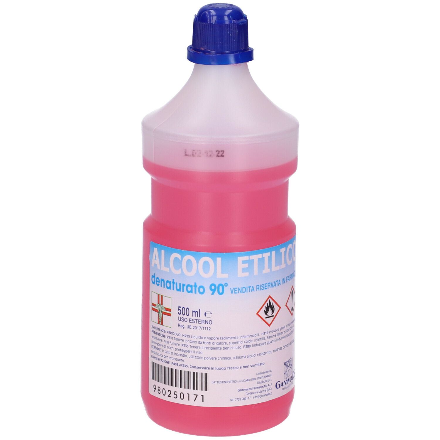 Bottiglia con liquido rosa. Scritta: Alcool Etilico Denaturato 90°. Tappo blu.