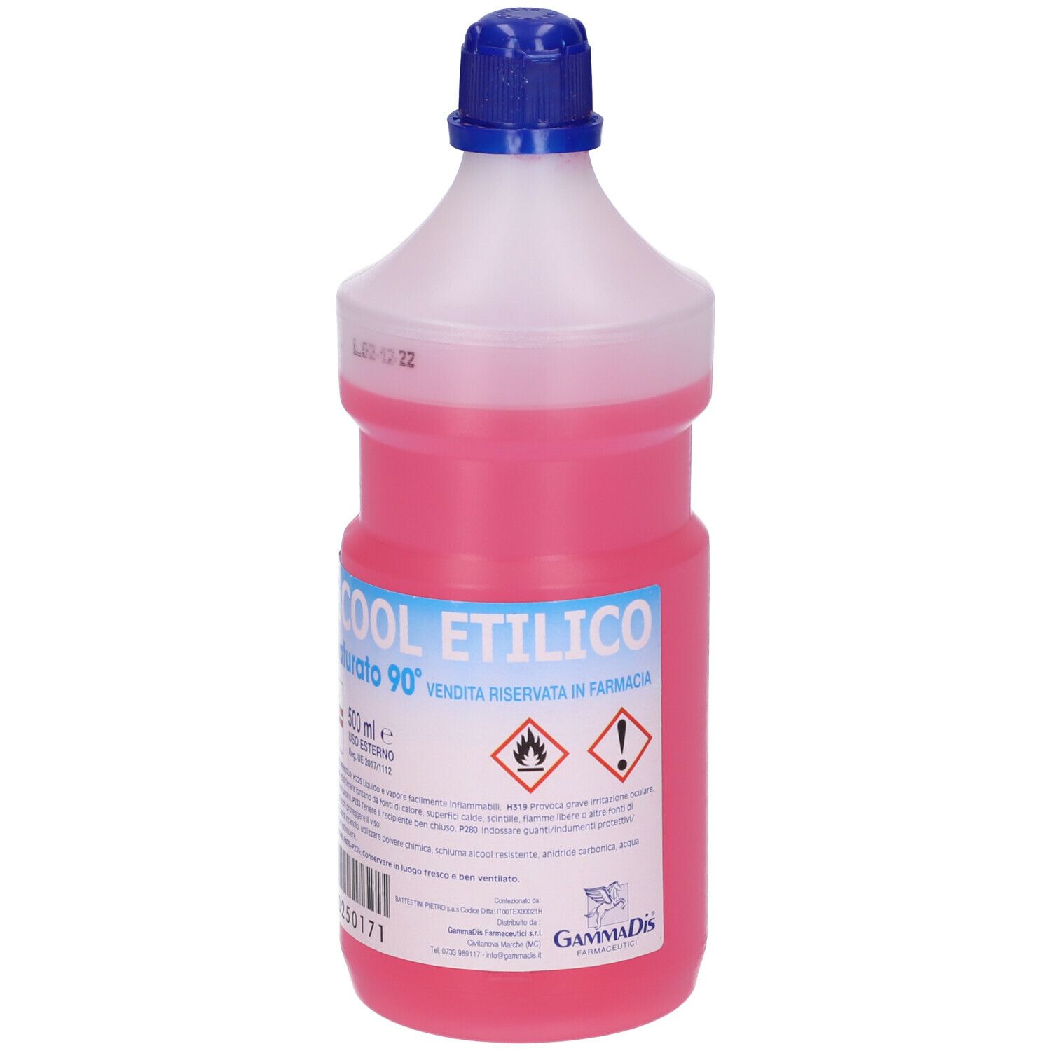 Bottiglia con liquido rosa. Scritta: Alcool Etilico Denaturato 90°. Tappo blu.