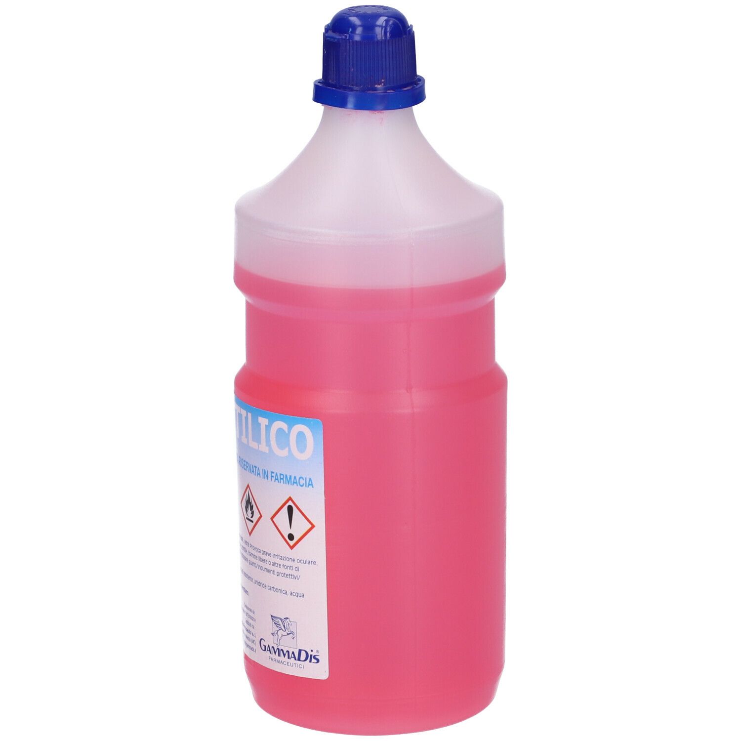 Bottiglia con liquido rosa. Scritta: Alcool Etilico Denaturato 90°. Tappo blu.