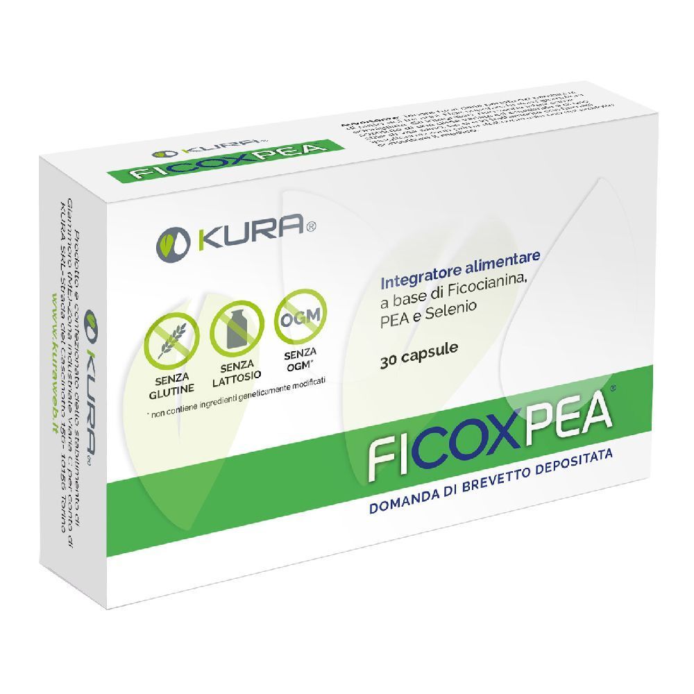 Scatola bianca con banda verde. Scritta: FICOXPEA, 30 capsule. Loghi: KURA, senza glutine, senza lattosio, senza OGM.