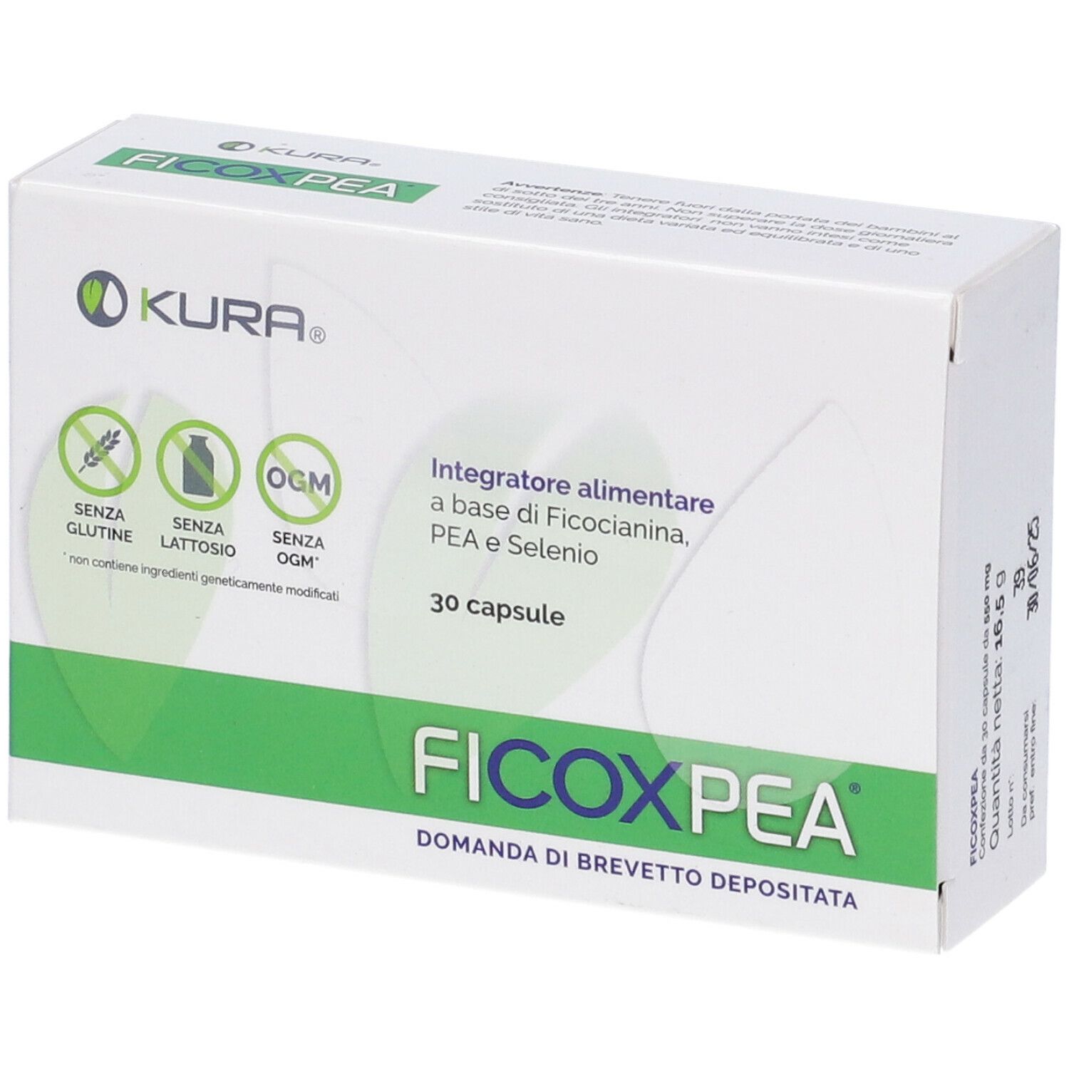 Scatola bianca con banda verde. Scritta: FICOXPEA, 30 capsule. Loghi: KURA, senza glutine, senza lattosio, senza OGM.