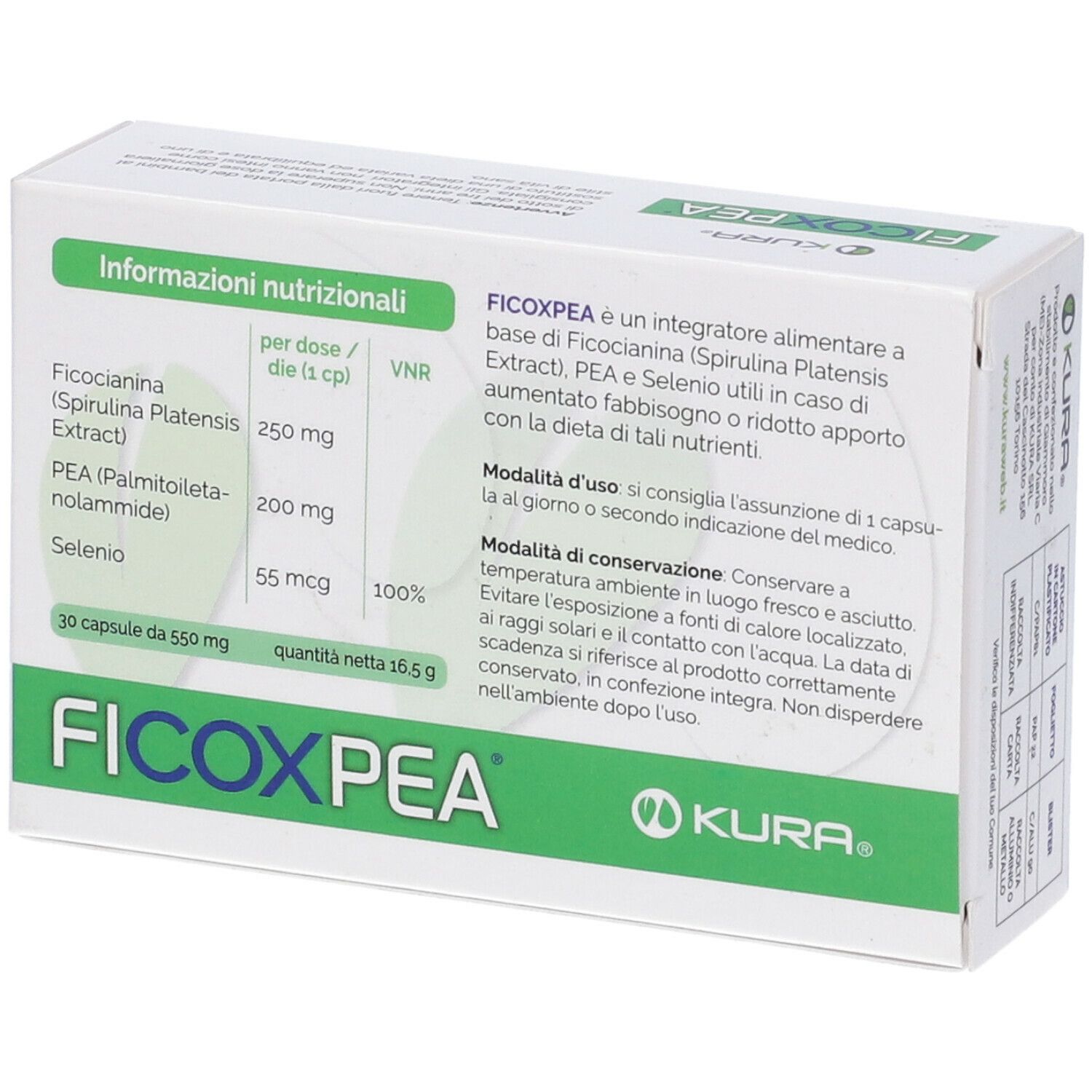 Scatola bianca con dettagli verdi. Scritta: FICOXPEA, 30 capsule. Informazioni nutrizionali. Loghi: KURA.