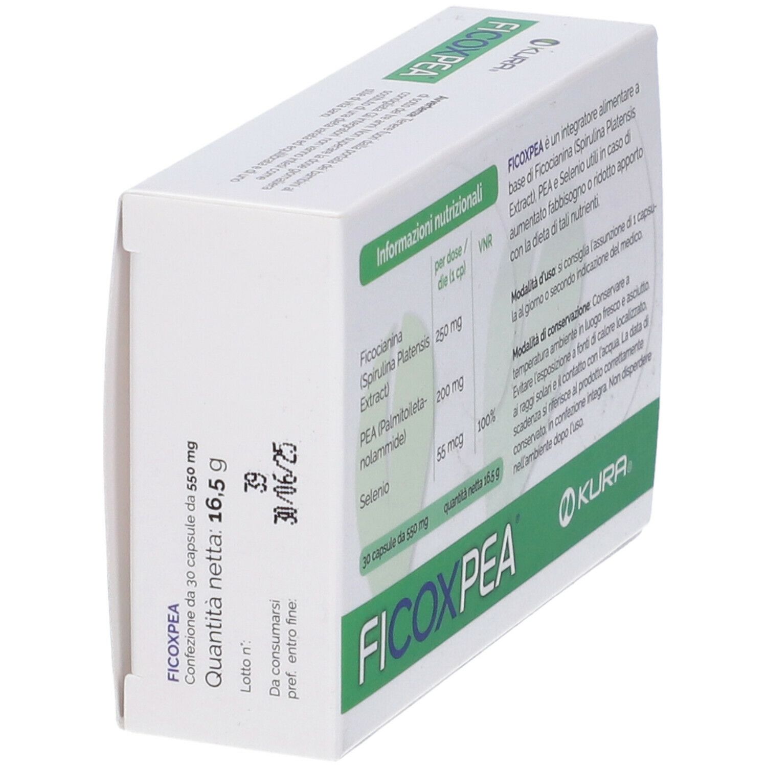 Scatola bianca con dettagli verdi. Scritta: FICOXPEA, 30 capsule. Informazioni nutrizionali. Data di scadenza.