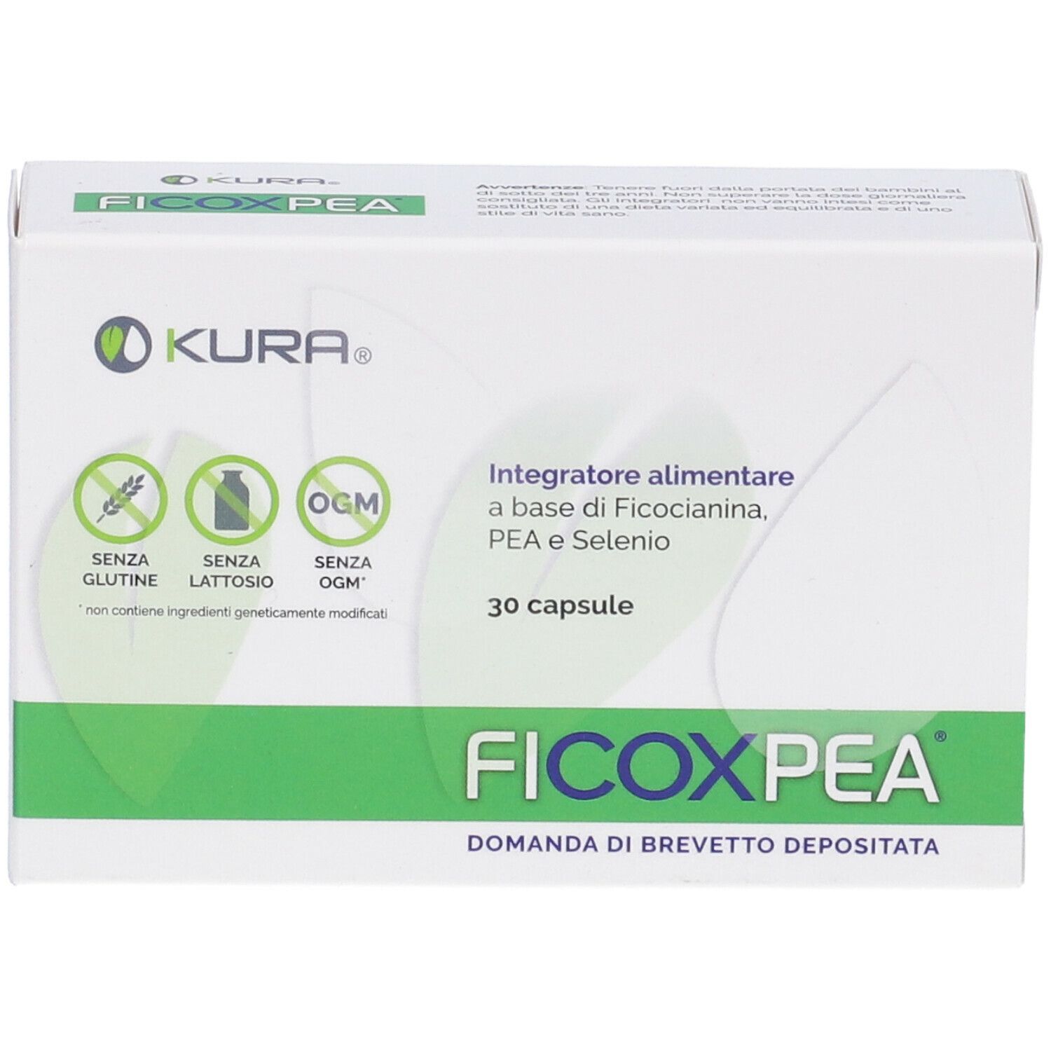 Scatola bianca con banda verde. Scritta: FICOXPEA, 30 capsule. Loghi: KURA, senza glutine, senza lattosio, senza OGM.