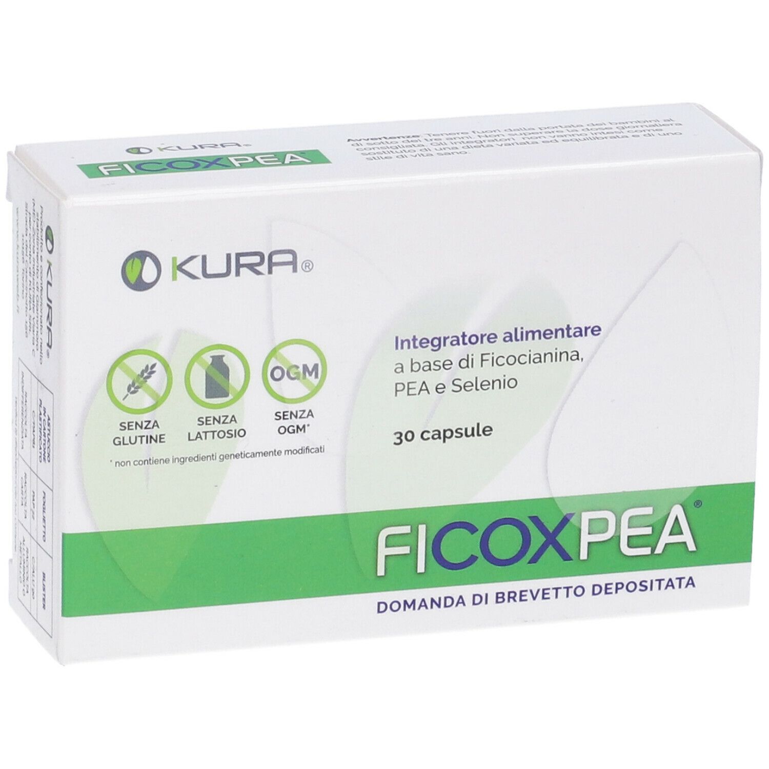 Scatola bianca con banda verde. Scritta: FICOXPEA, 30 capsule. Loghi: KURA, senza glutine, senza lattosio, senza OGM.