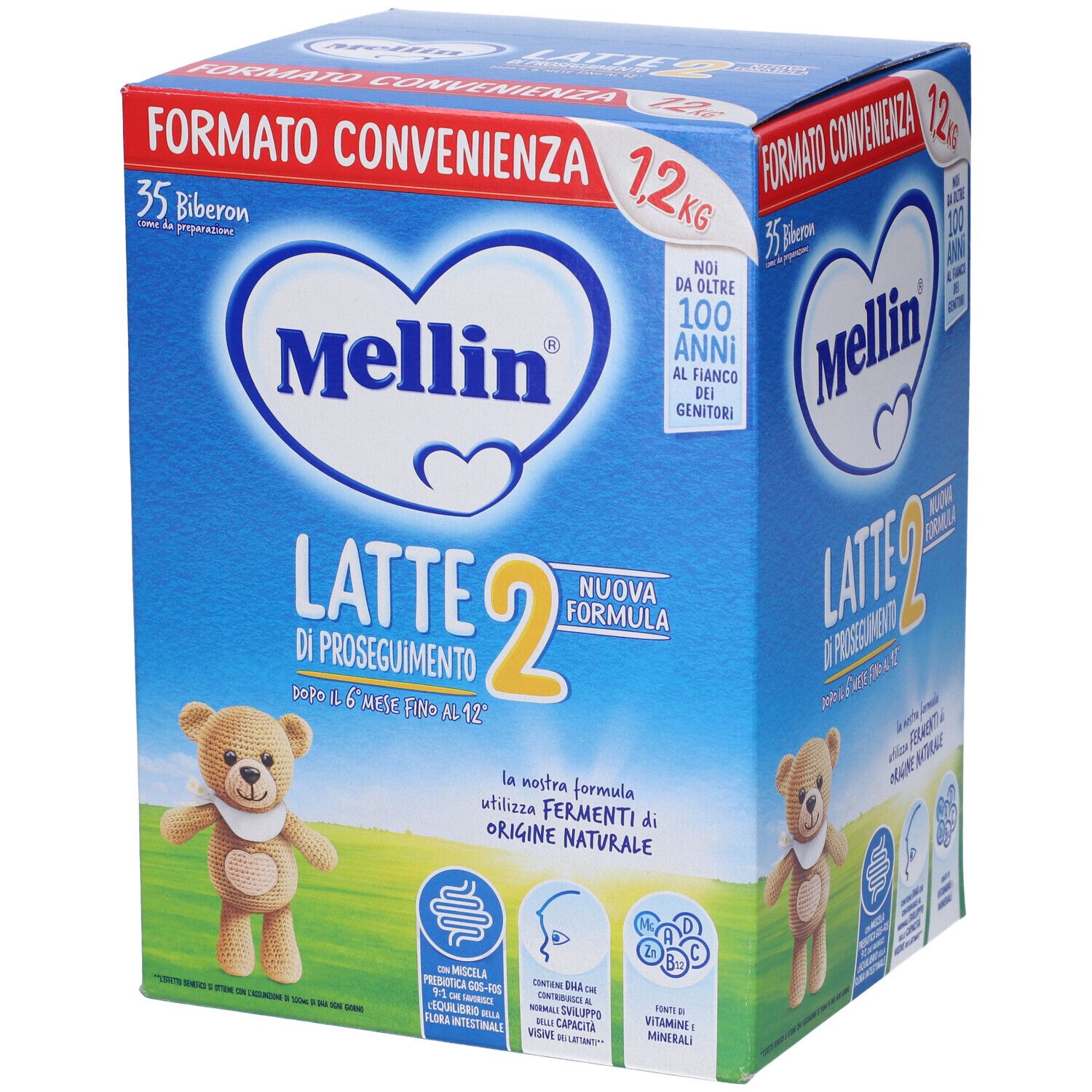 Scatola blu e bianca "Mellin Latte 2". Illustrazione orsetto. Testo: "Formato convenienza".